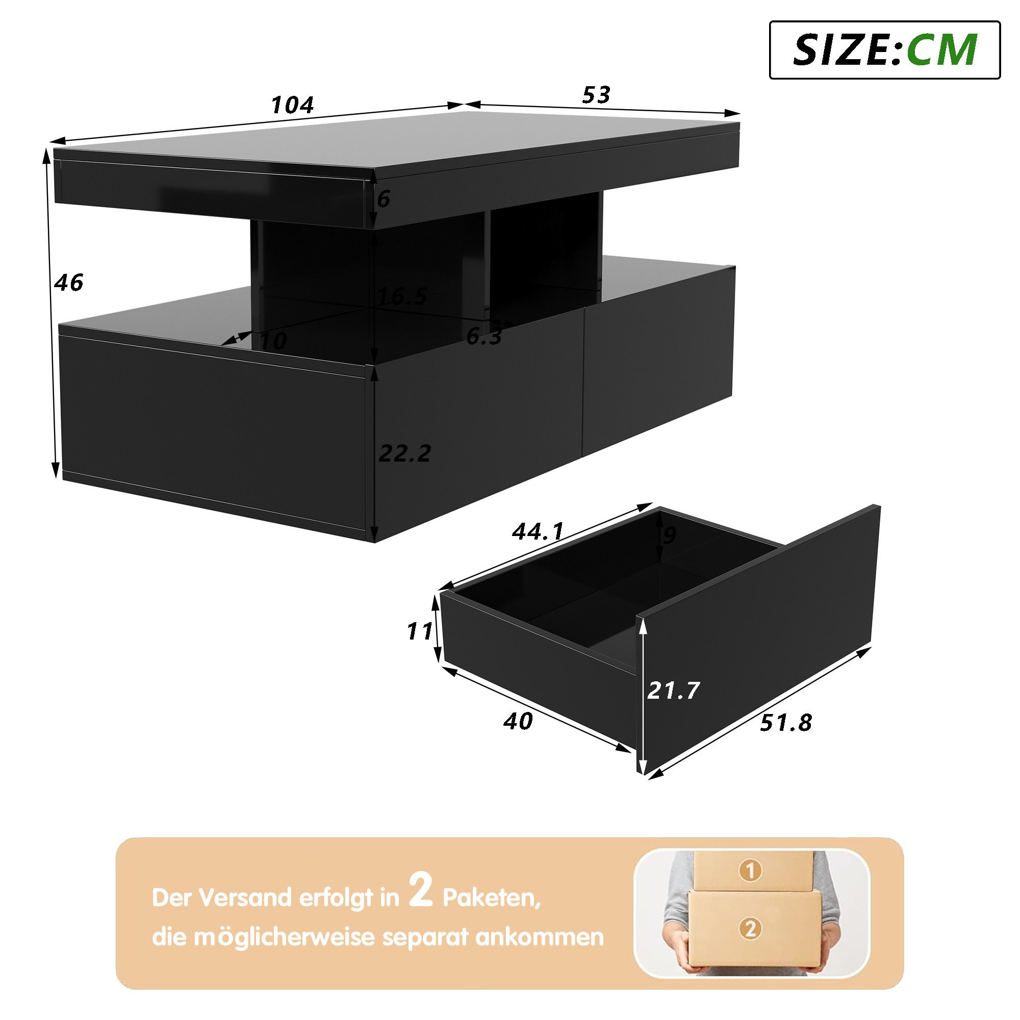 Furnishings Home Couchtisch Schreibtisch Beistelltisch LED (Hochglänzender quadratischer, 104x53x46 cm), Mit Schubladen und 16-farbigen variablen LED-Leuchten