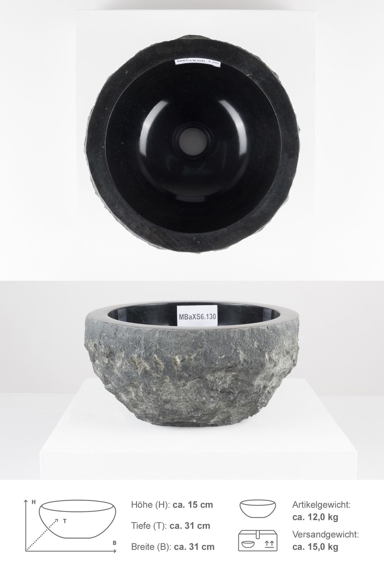 wohnfreuden Aufsatzwaschbecken Andesit Waschbecken EROSI 30 cm schwarz (Kein Set), 101660_MBaXS6.130