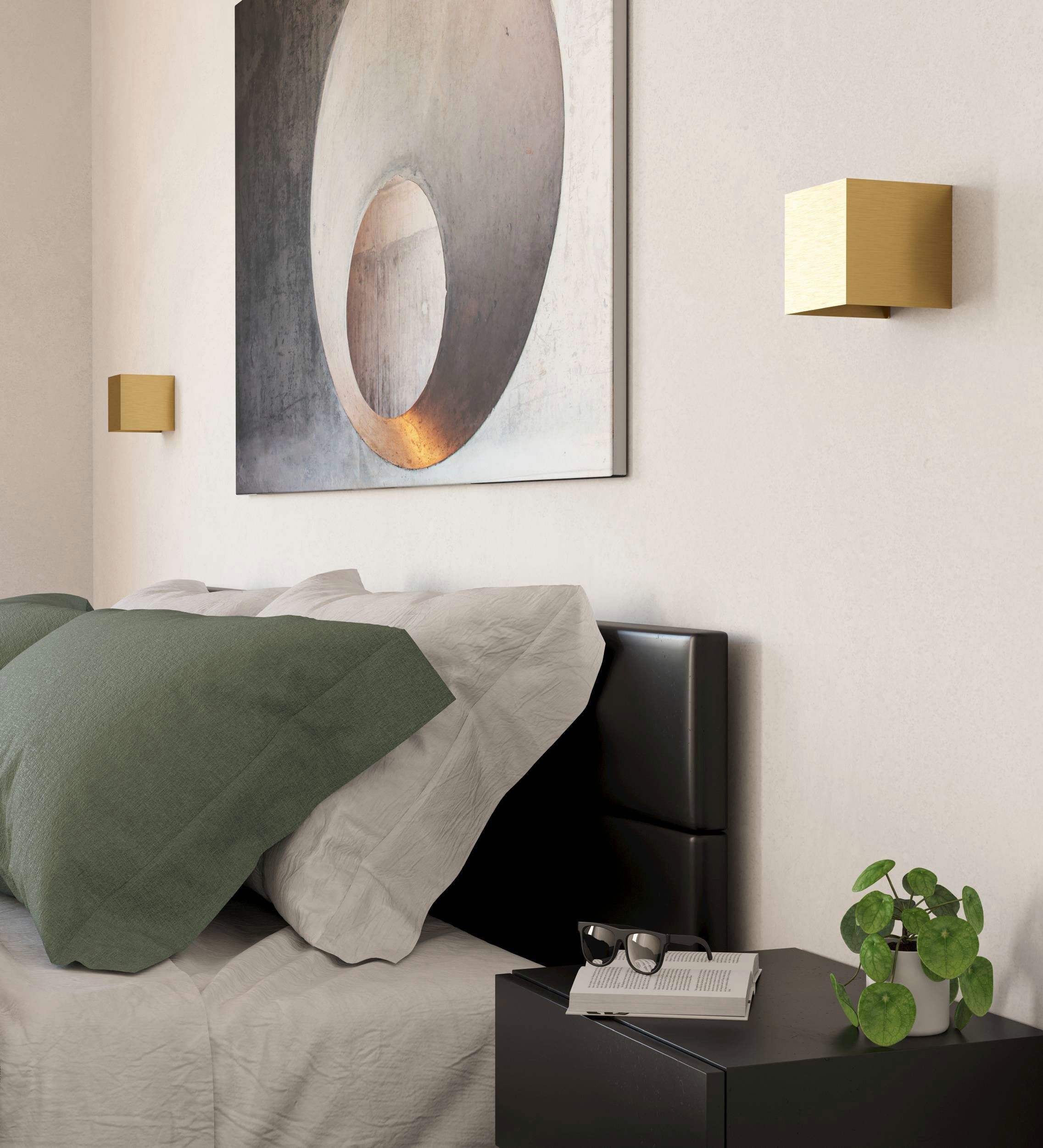 EGLO Wandleuchte Valmontone Wandlampe,innen, Würfel, indirekte Up und Down Beleuchtung, LED fest integriert, Warmweiß, Wand-/Deckenleuchte - L10 x H10 x AL10 cm - messing-gebürstet