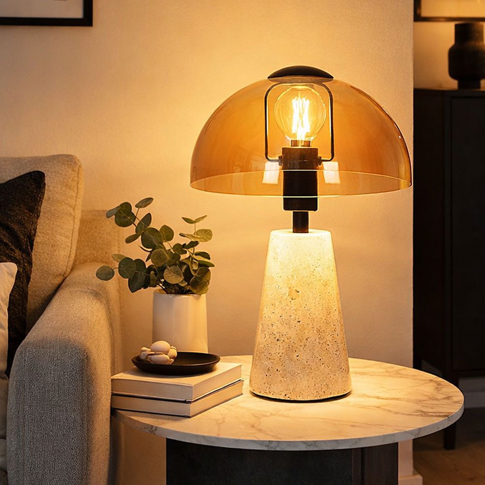 GLOBO LIGHTING LED Tischleuchte, Leuchtmittel inklusive, Warmweiß, Tischlampe Pilz Tischleuchte Travertin Stein Glas amber LED H 31 cm