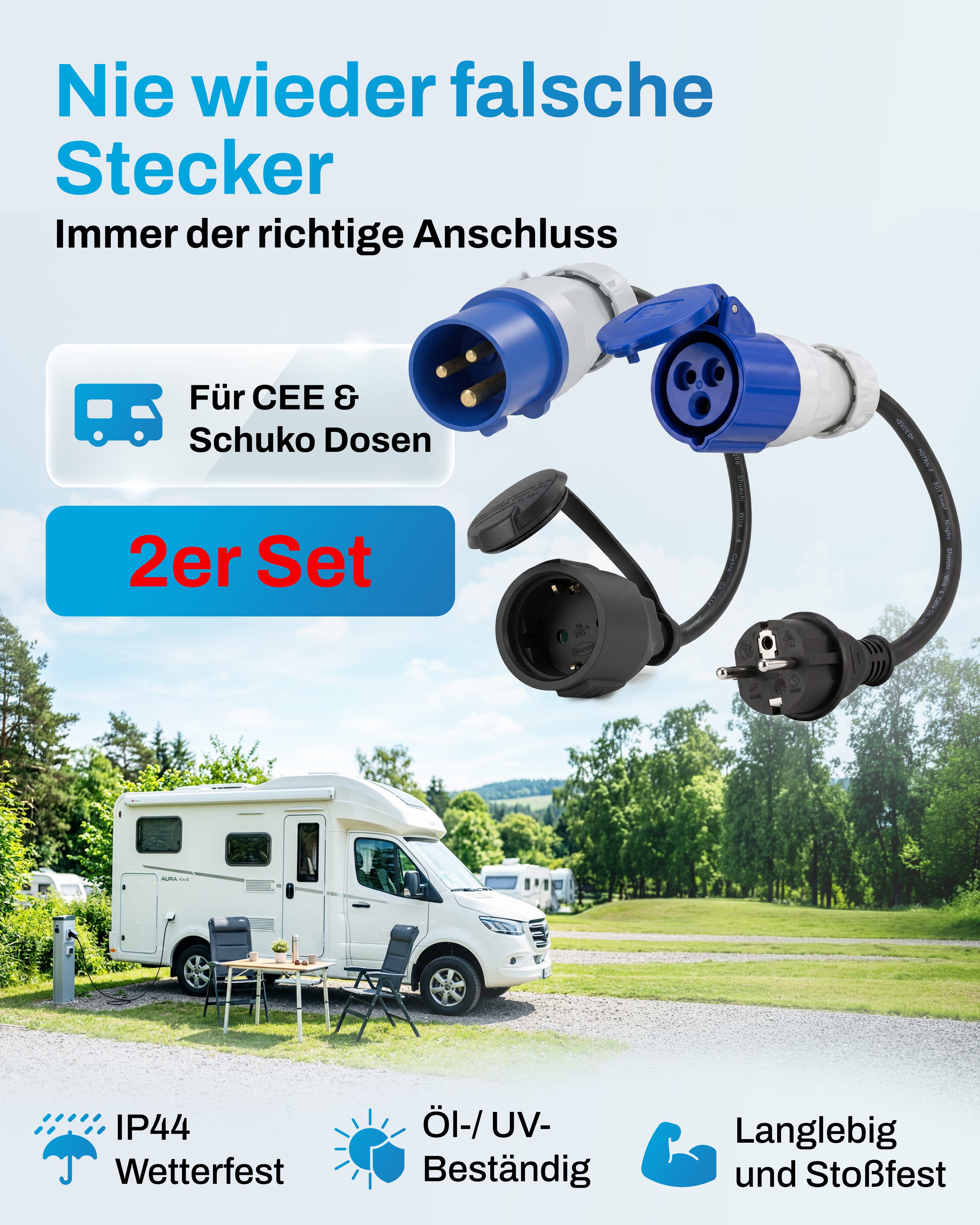 feletec 2x CEE-Stecker auf Schuko-Kupplung Schuko-Stecker auf CEE-Steckdose CEE-Adapterkabel