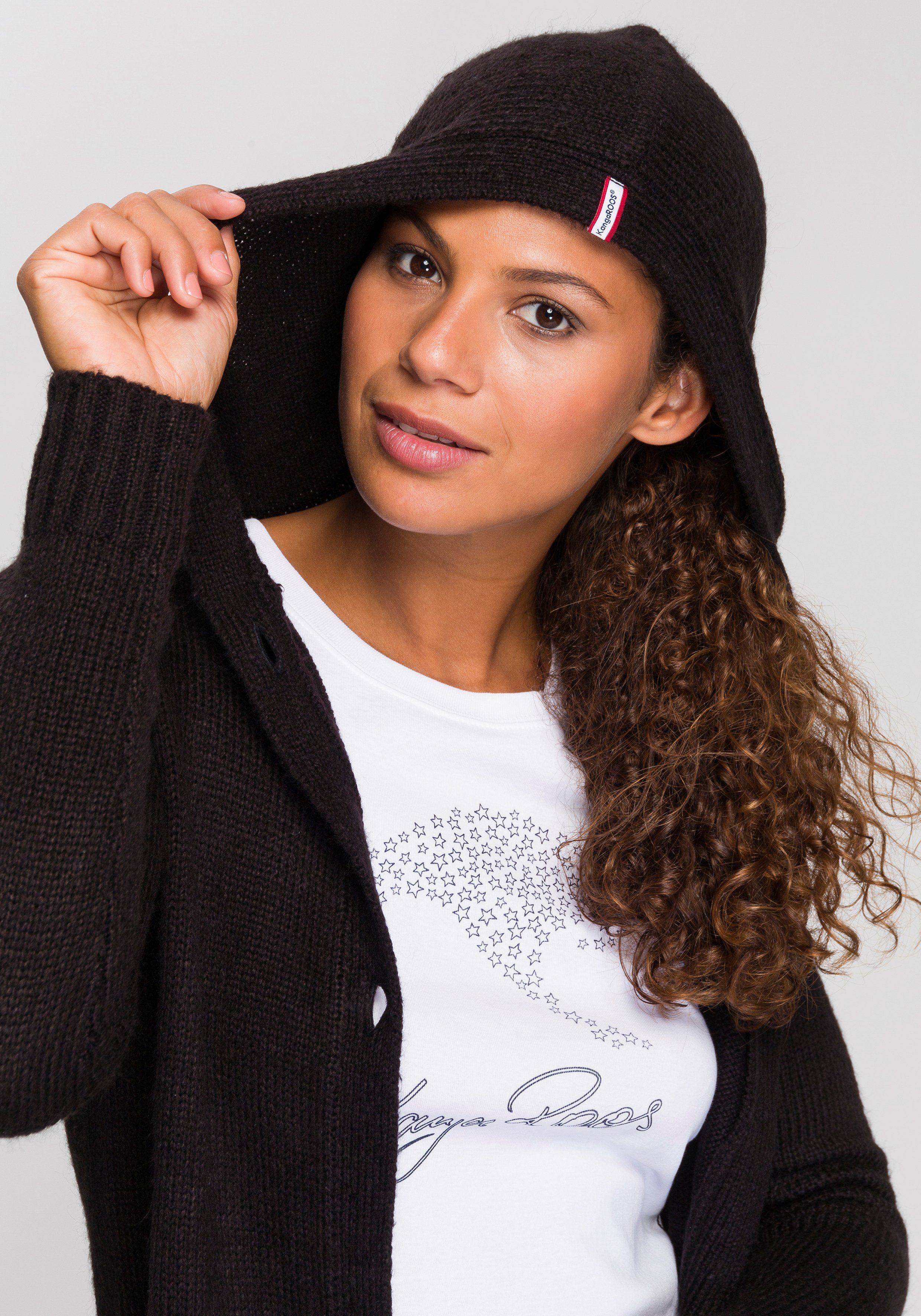 KangaROOS Kapuzenstrickjacke mit aufgesetzten Taschen und breiten Rippbündchen