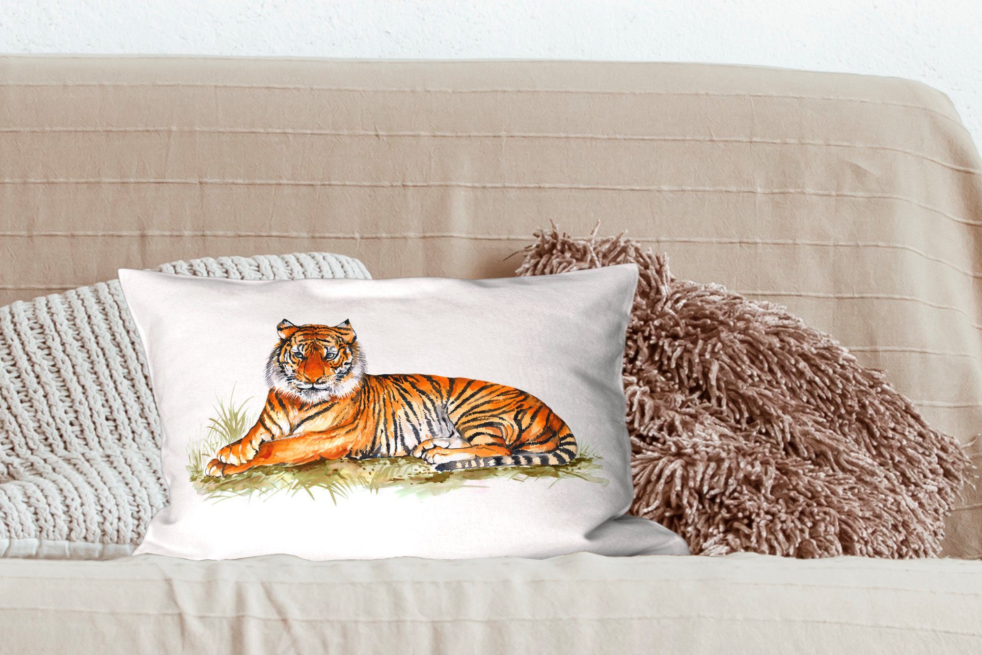 MuchoWow Dekokissen Tiger - Wohzimmer - Gemälde Schlafzimmer mit Zierkissen, Füllung, Orange, Dekokissen Dekoration