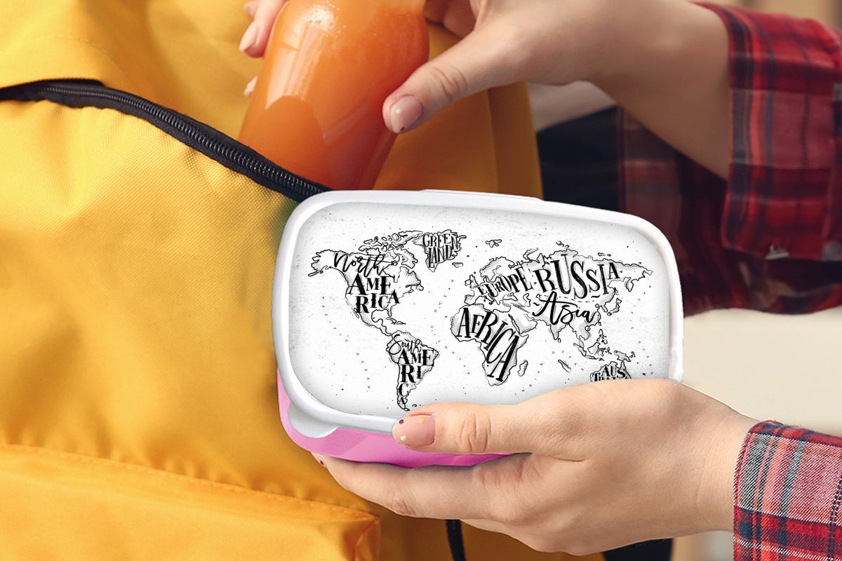 Brotdose Kunststoff Snackbox, Weltkarte Weiß für Brotbox Kunststoff, - Lunchbox rosa Kinder, - Schwarz, Mädchen, (2-tlg), Erwachsene, MuchoWow