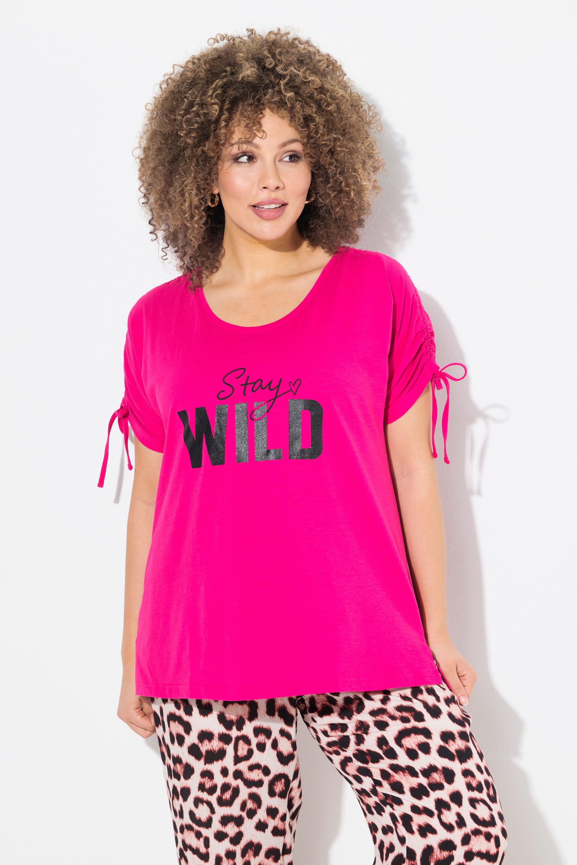 Ulla Popken T-Shirt T-Shirt Schriftzug Oversized Rundhals Raffband günstig online kaufen