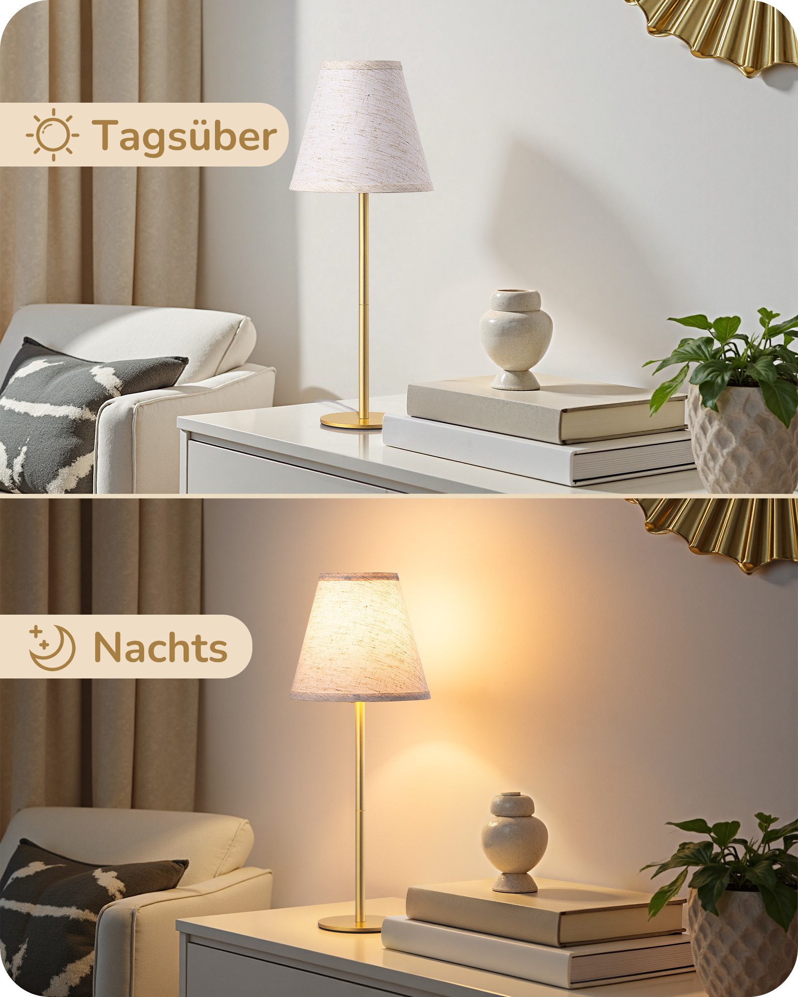 EDISHINE Nachttischlampe EDISHINE LED Nachttischlampen 2er-Set, Leinenschirm, 2700K Warmweiß, LED wechselbar, Tageslichtweiß, Tischlampe aus Metall, E27 Fassung – Bild 5 von 5
