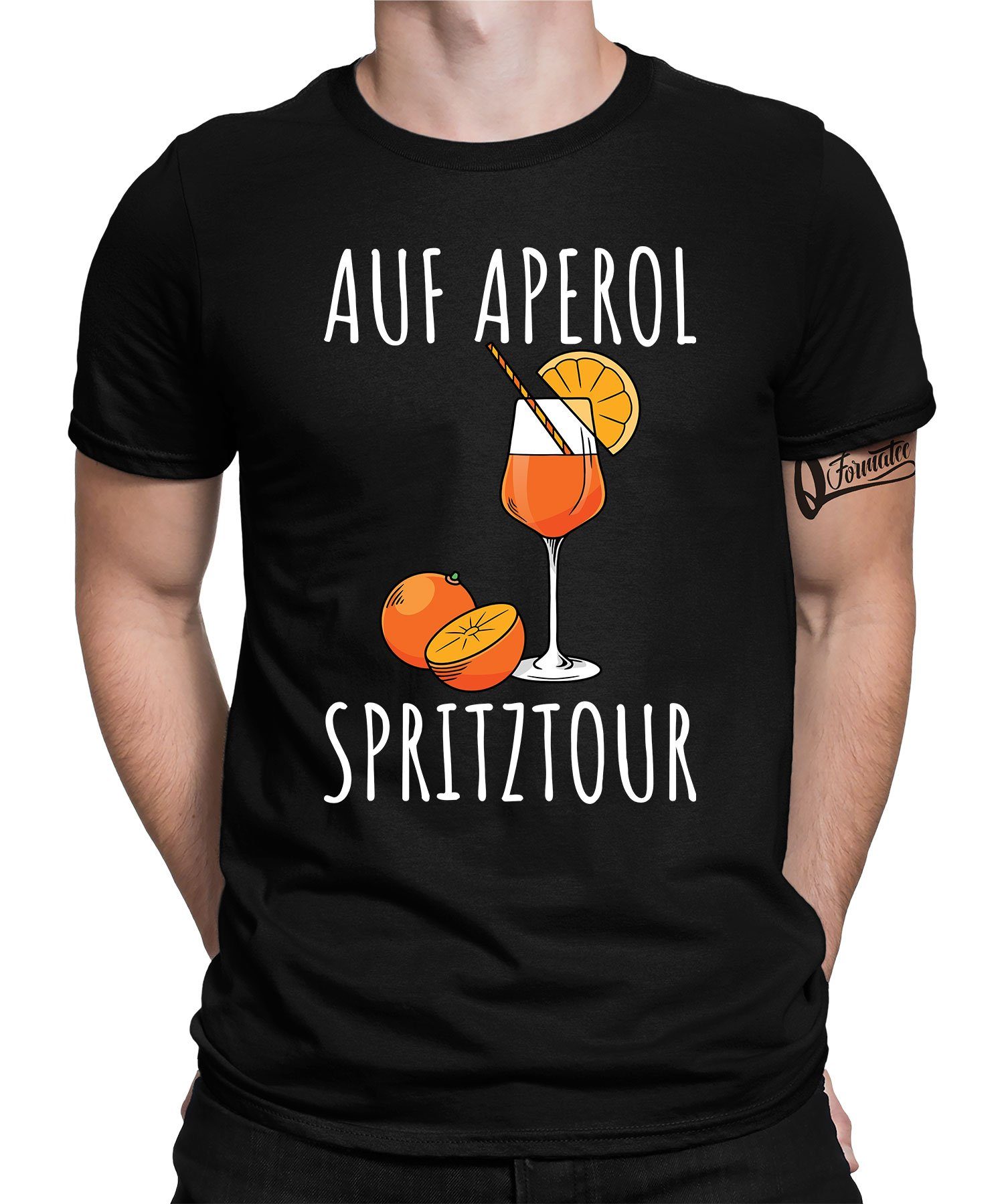 Quattro Formatee Kurzarmshirt Auf Aperol Spritz Spritztour - Lustiger Spruch Statement Herren T-Shir (1-tlg) Schwarz