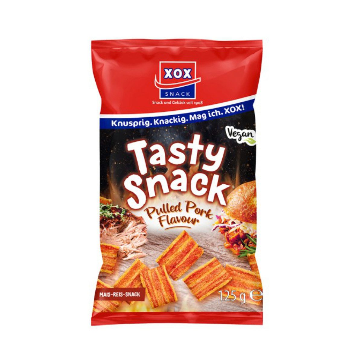 XOX Knabberei, XOX Tasty Snack Pulled Pork Style mit Schweinefleisch Geschmack 125g