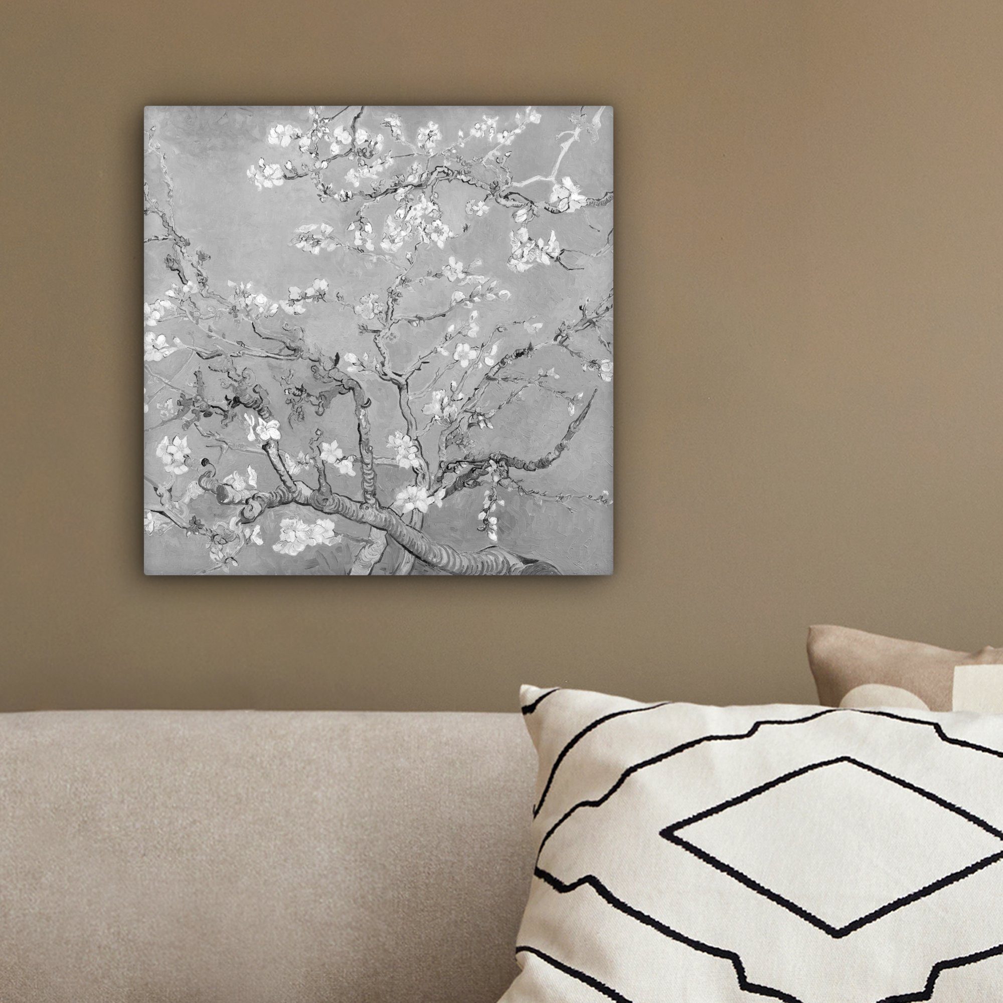 OneMillionCanvasses® Leinwandbild Bilder cm Mandelblüte Leinwand (1 Wohnzimmer St), für 20x20 Gogh Grau, - Kunst - Schlafzimmer, - Van