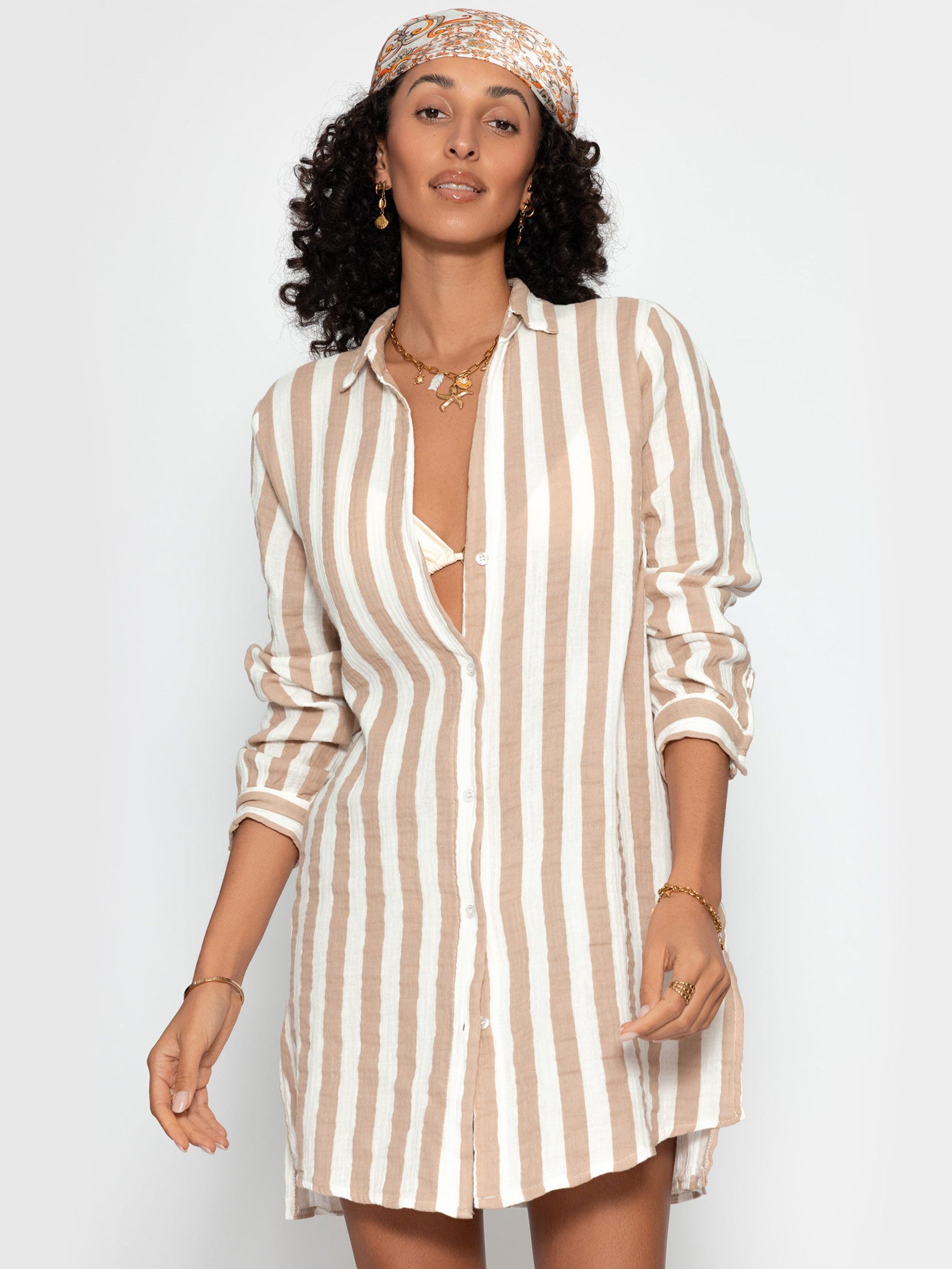 SASSYCLASSY Strandkleid Gestreiftes Strandkleid für Damen Weiches Hemdblusenkleid aus Musselin mit langen Ärmeln Blau Taupe