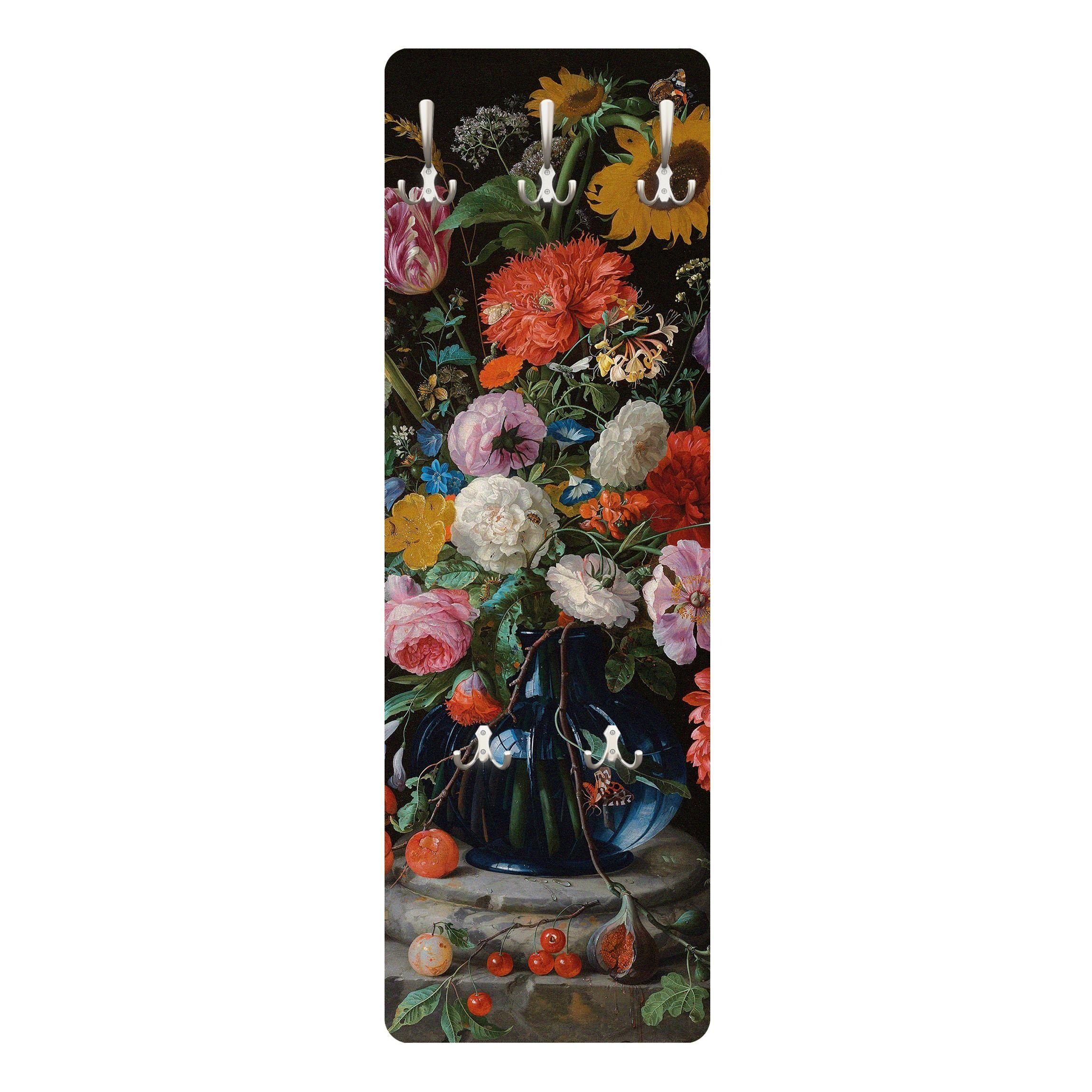 Bilderdepot24 Garderobenpaneel bunt Blumen Floral Kunst Jan Davidsz de Heem - Glasvase mit Blumen (ausgefallenes Flur Wandpaneel mit Garderobenhaken Kleiderhaken hängend), moderne Wandgarderobe - Flurgarderobe im schmalen Hakenpaneel Design