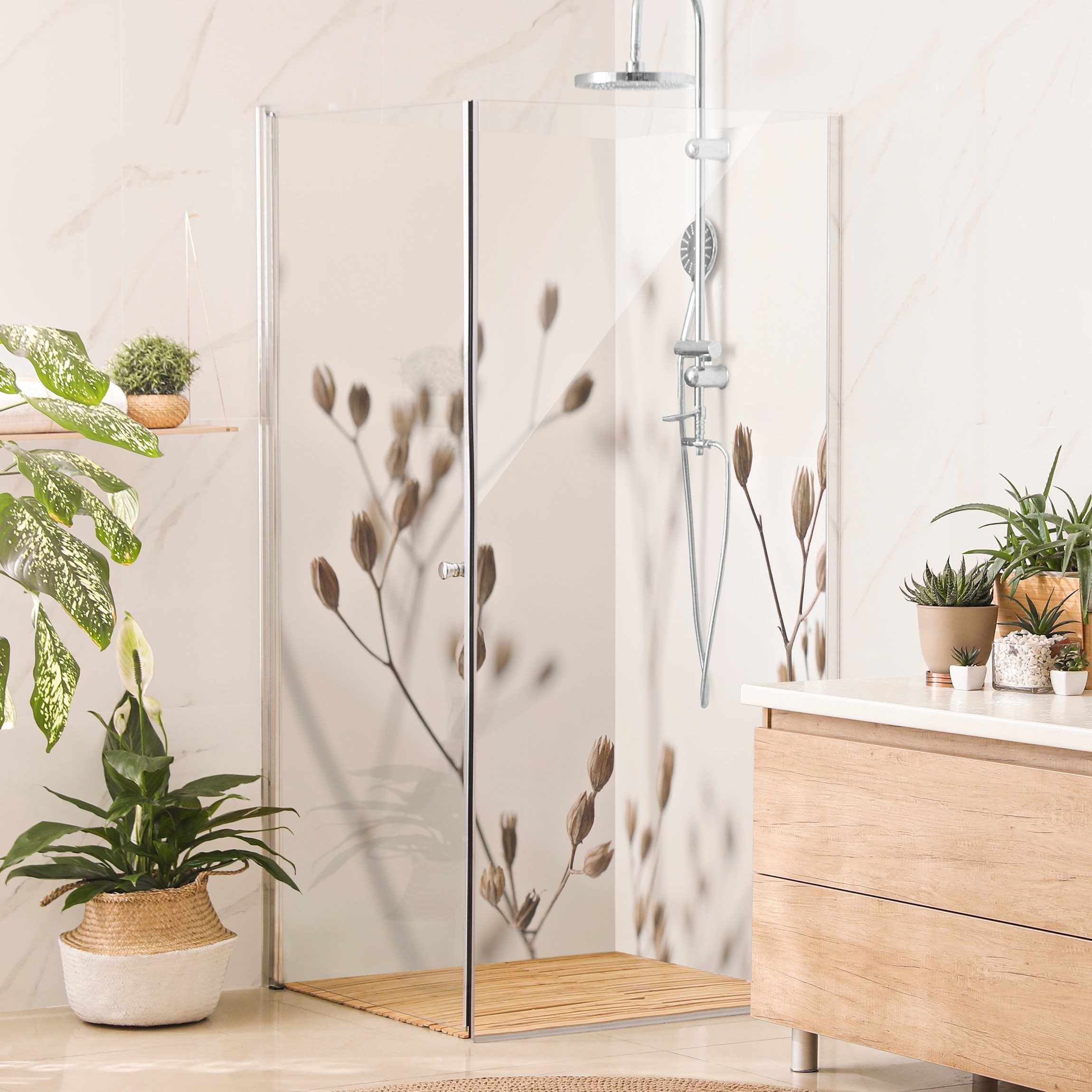 Bilderdepot24 Duschrückwand Tropisch beige Duschrückwand ohne Bohren Dusche Botanik, (2-tlg., 0,61 mm starke Folie selbstklebend Wandpaneele Dusche versch. Größen), fugenlose & wasserfeste Motiv Rückwand Wandverkleidung für Duschkabine