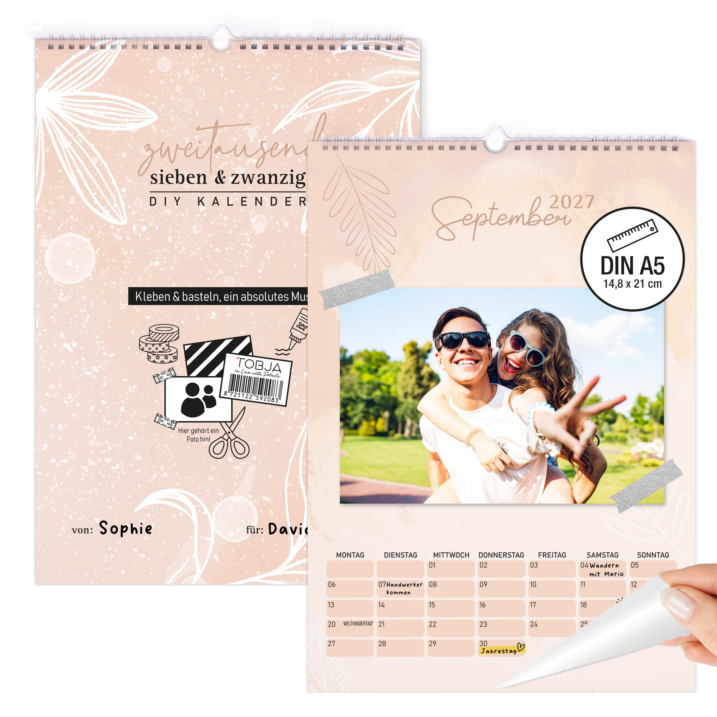 TOBJA Kalender zum Selbstbasteln DIY Foto-Kalender 2027 A5 Bloom Bastelkalender rosa Pärchen Geschenk, Florales rosa Design, von/für-Cover, 250g FSC, alle Stifte, A5