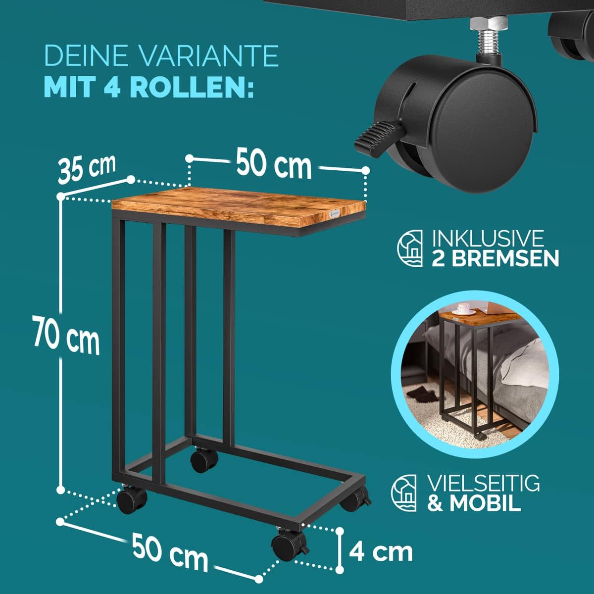 Casaria Beistelltisch, mit 4 Rollen 2 Bremsen 50x35x70cm 40kg Belastbarkeit Kippsicher Stabil