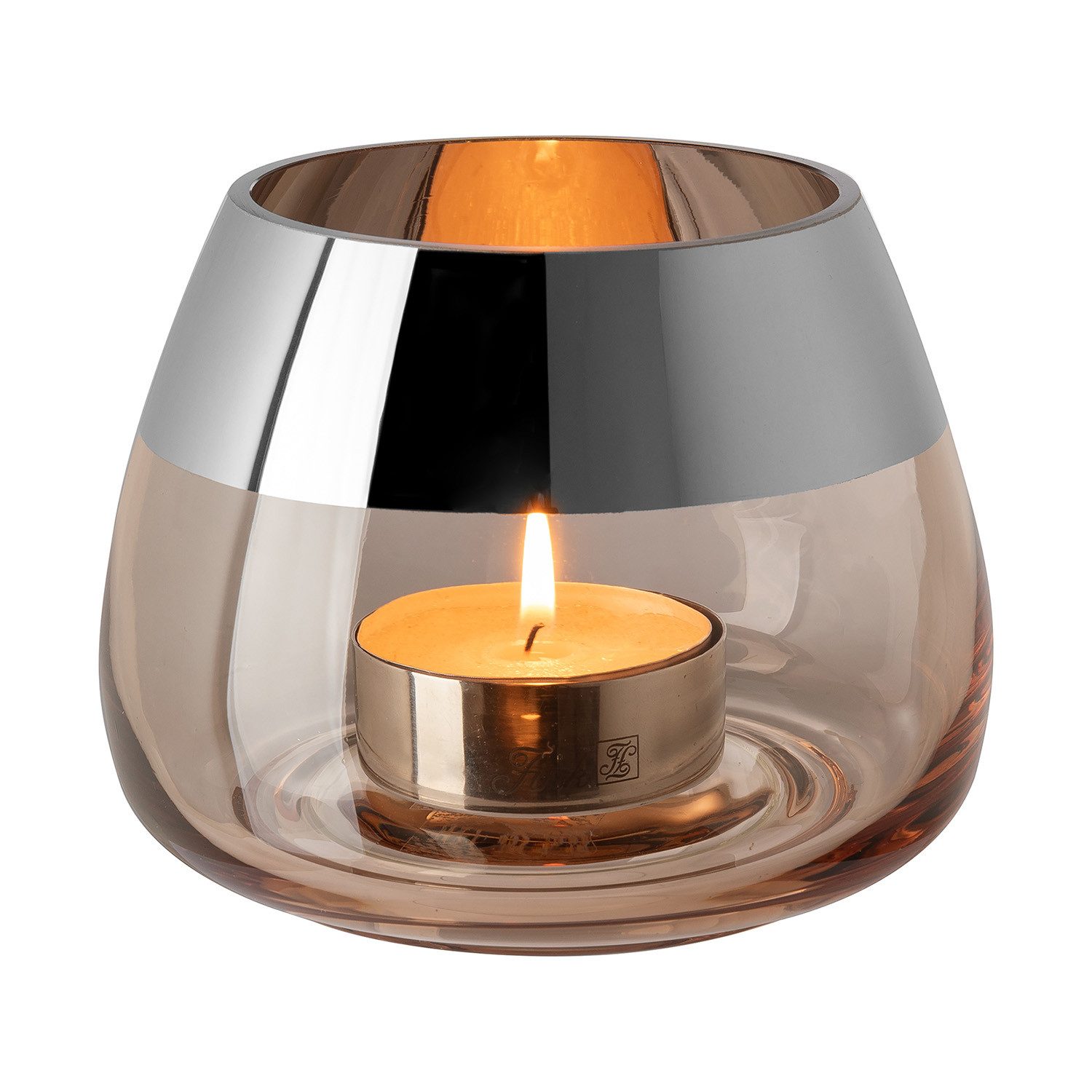 Fink Teelichthalter BELLA Teelichthalter - H.11,6cm x D.15cm - Glas - sand/silberfarben (1xTeelichthalter, 1 St., Leuchte - Geschenk für Frauen), Edles Glas-Windlicht: Kerzenhalter für Stumpenkerzen & Kerzenleuchter