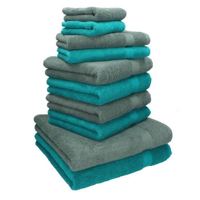 Betz Handtuch Set 10-TLG. Handtuch-Set Classic 100% Baumwolle 2 Duschtücher 4 Handtücher 2 Gästetücher 2 Seiftücher Farbe smaragdgrün und anthrazitgrau 100% Baumwolle