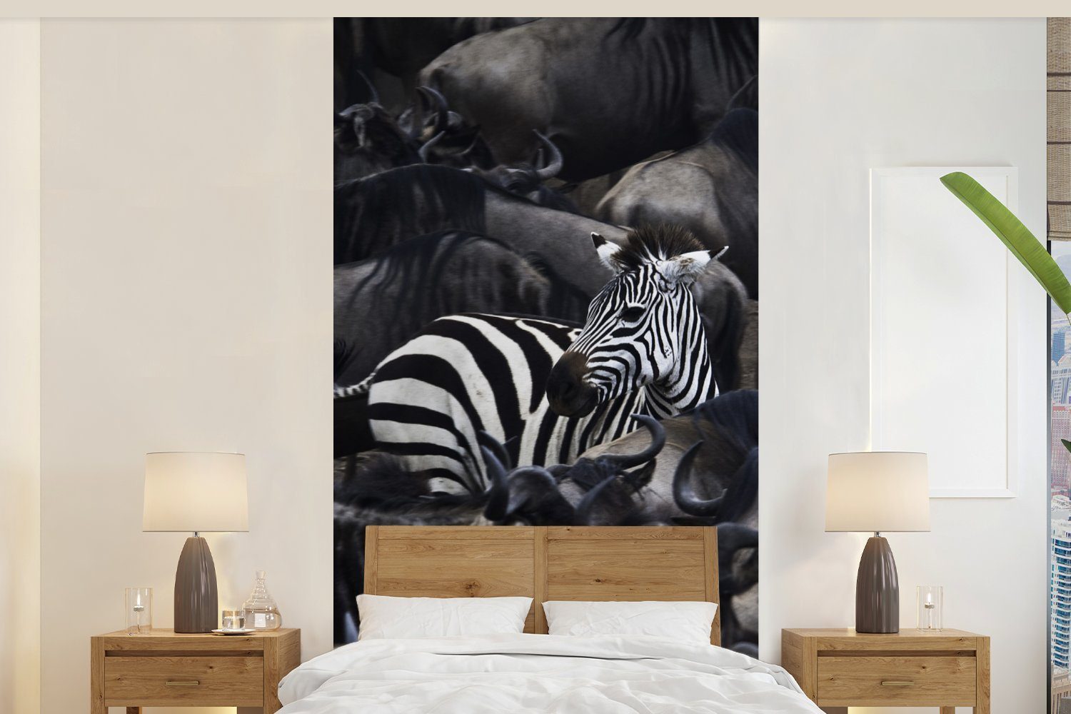 MuchoWow Fototapete Zebra - Büffel - Braun, Matt, bedruckt, (2 St), Vliestapete für Wohnzimmer Schlafzimmer Küche, Fototapete