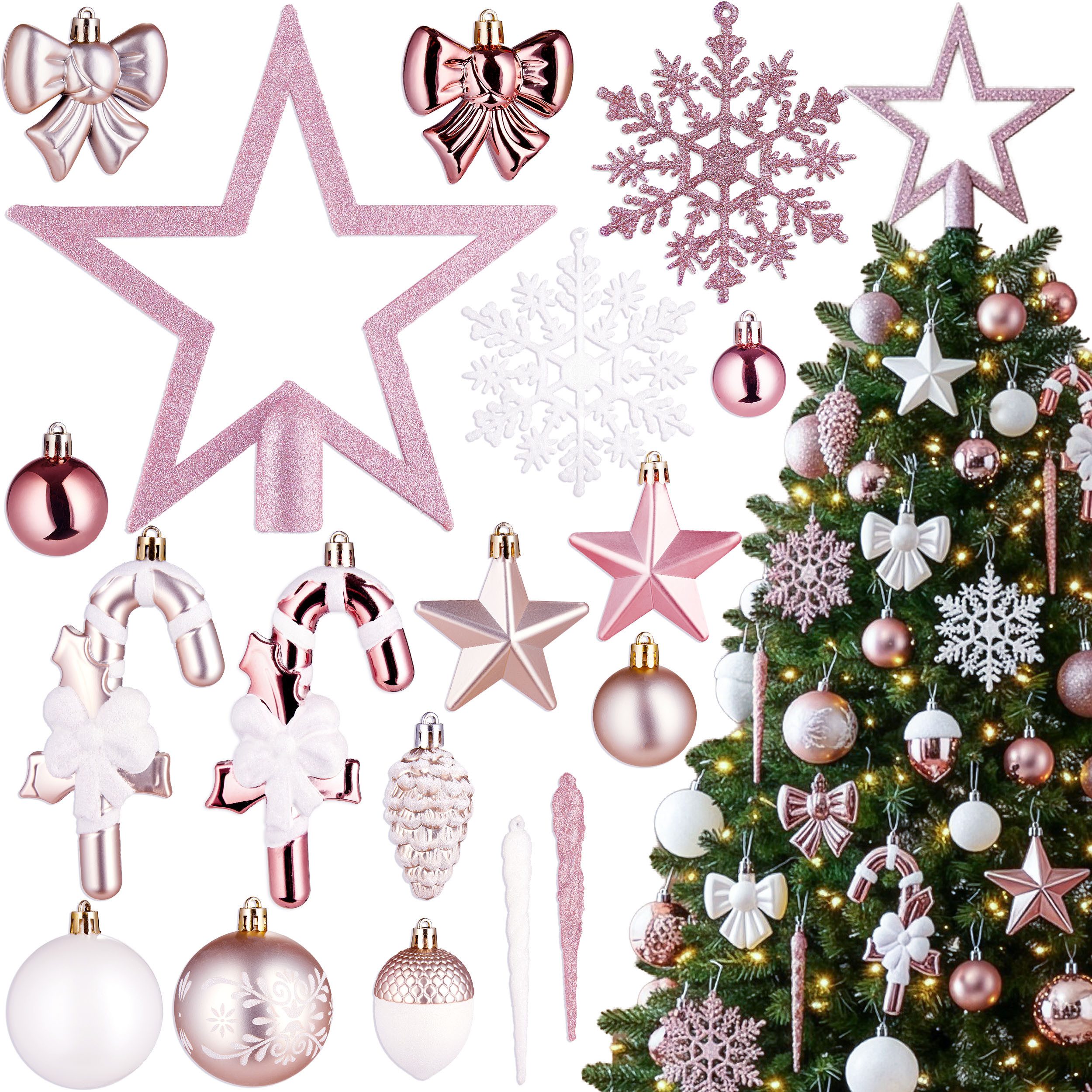 BRUBAKER Weihnachtsbaumkugel 101 Stück Premium Christbaumschmuck - Weihnachtskugel Set (101 St), Schneeflocken, Schleifen, Eiszapfen, Eicheln, Sternen Baumschmuck