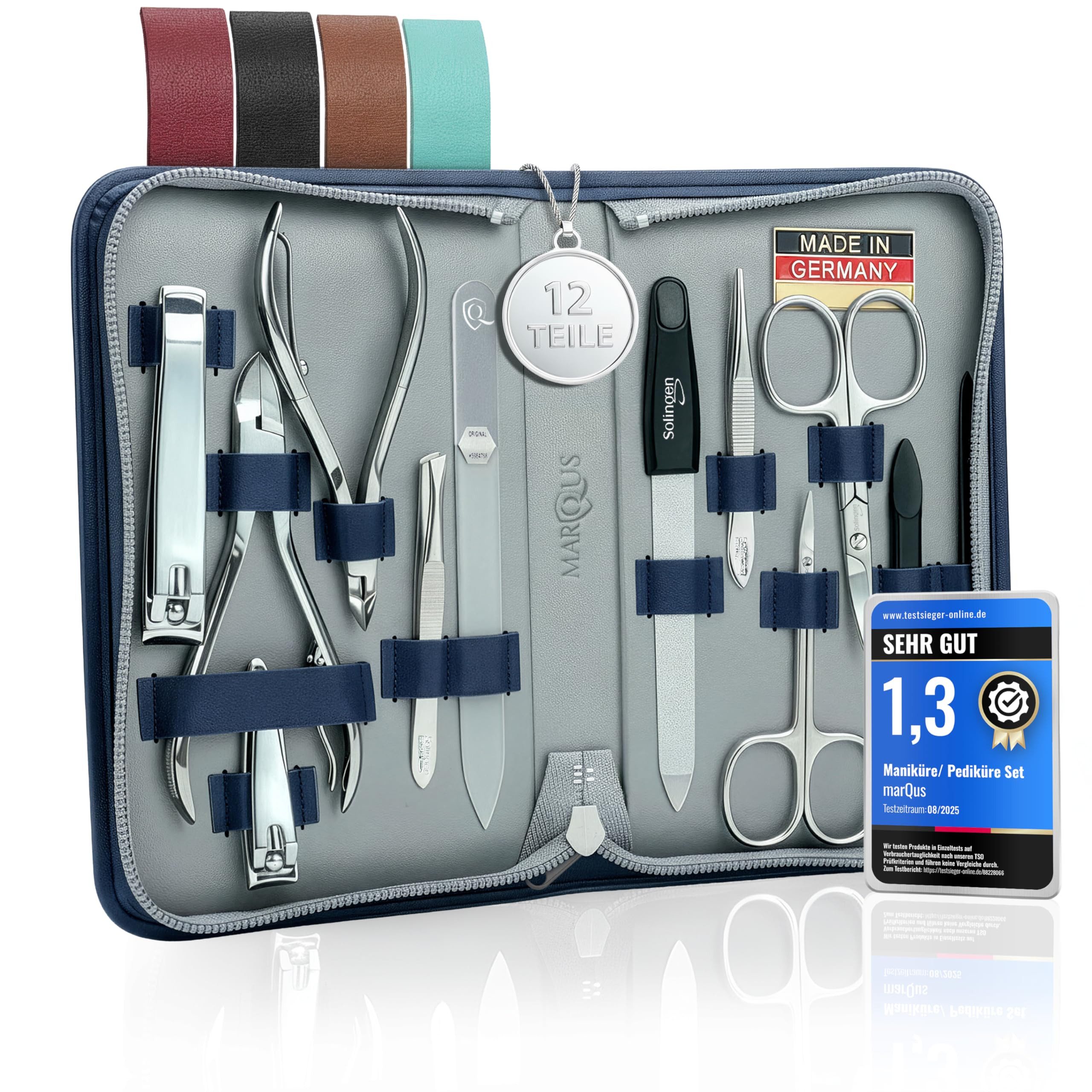 marQus Maniküre-Pediküre-Set 12 Teile in Echt Leder Etui handlich und weich, 12-tlg., Komplett Kit mit allem für die Hand- und Fußpflege, Nagelset