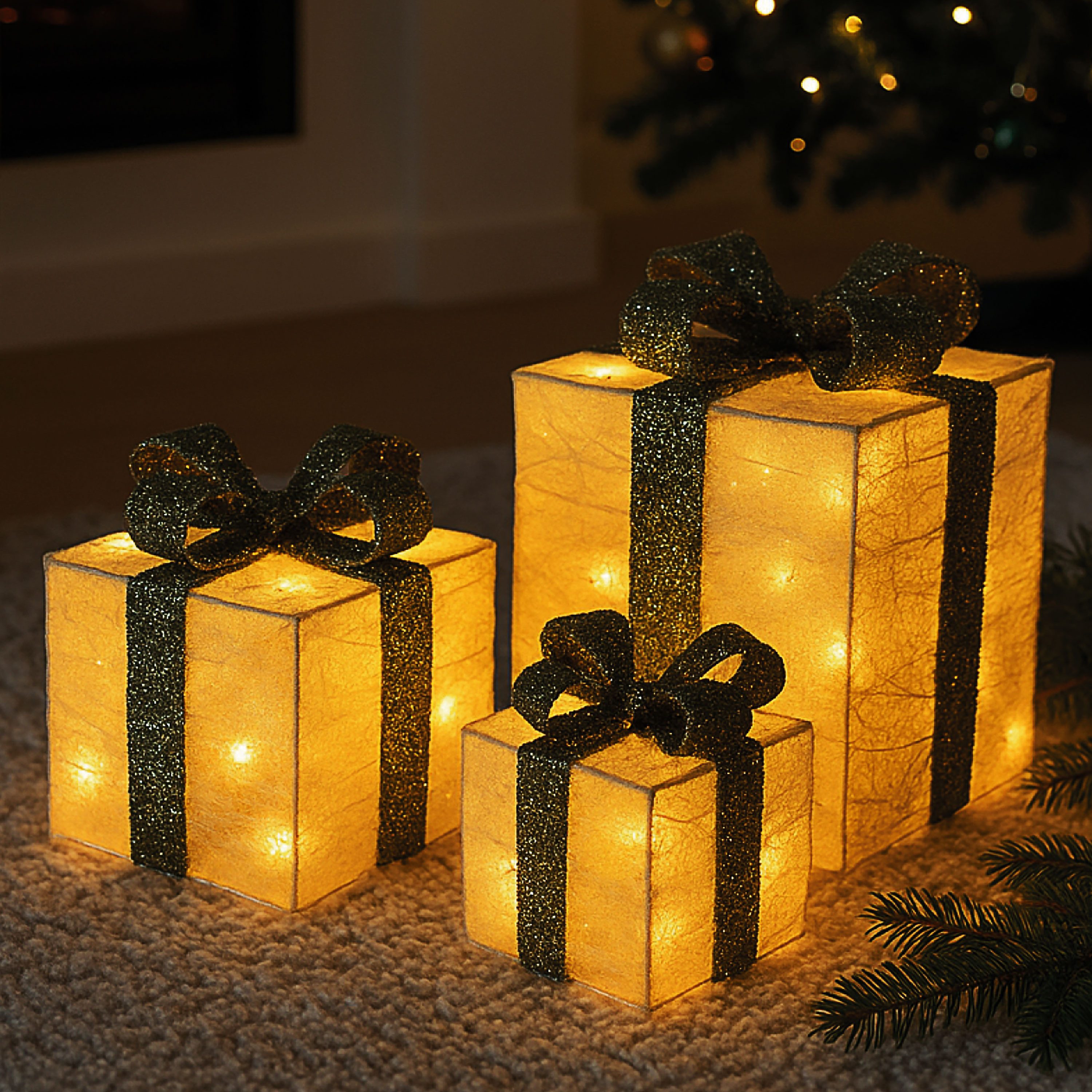 CEPEWA LED Dekoobjekt LED Geschenk 3er Set creme gold 10 LEDs warmweiß 3 Größen Kunststoff