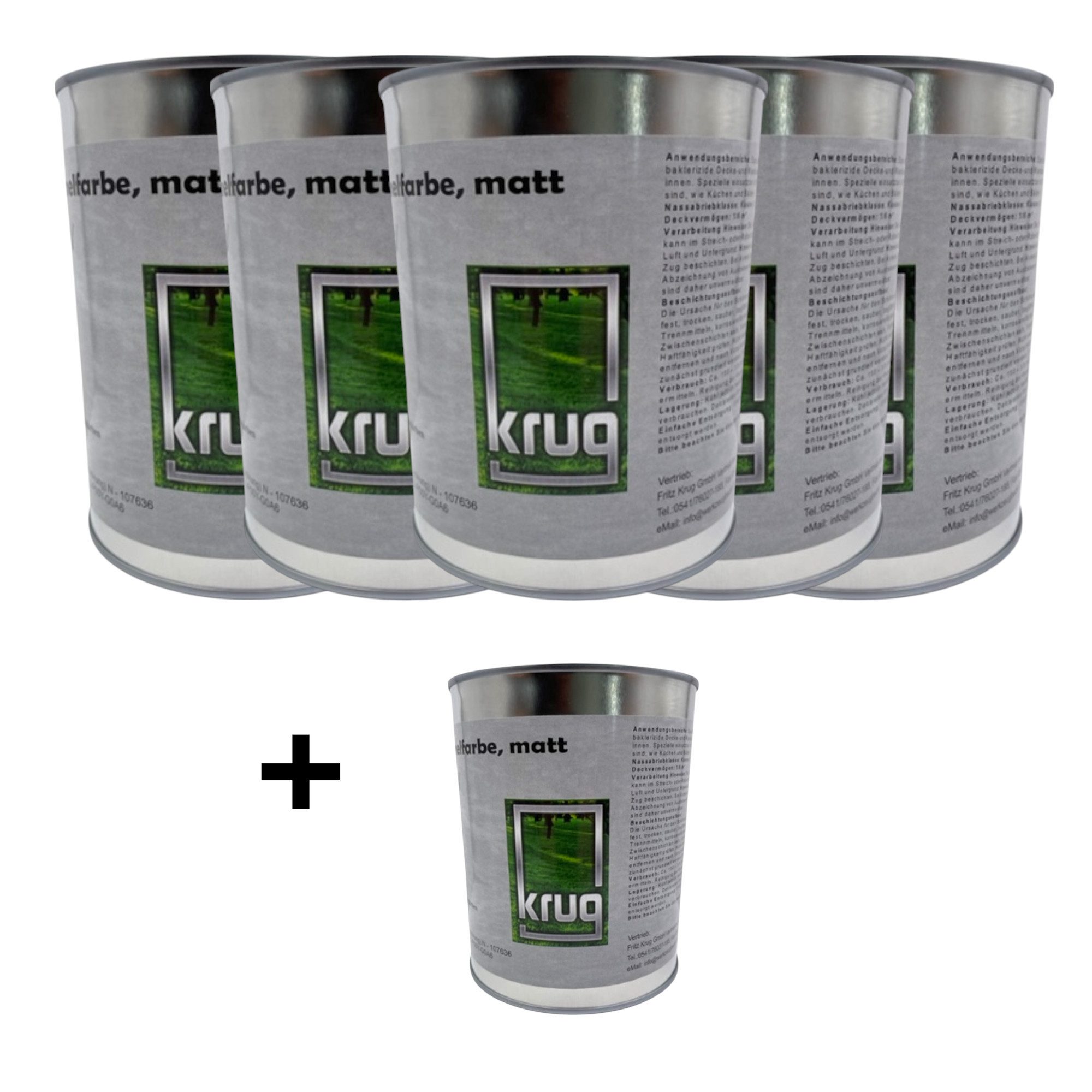 Fritz Krug Feuchtraumfarbe Set 5 x 0,75 Ltr. Krug Antischimmelfarbe, matt + 1 x 0,75 Ltr. ohne Be