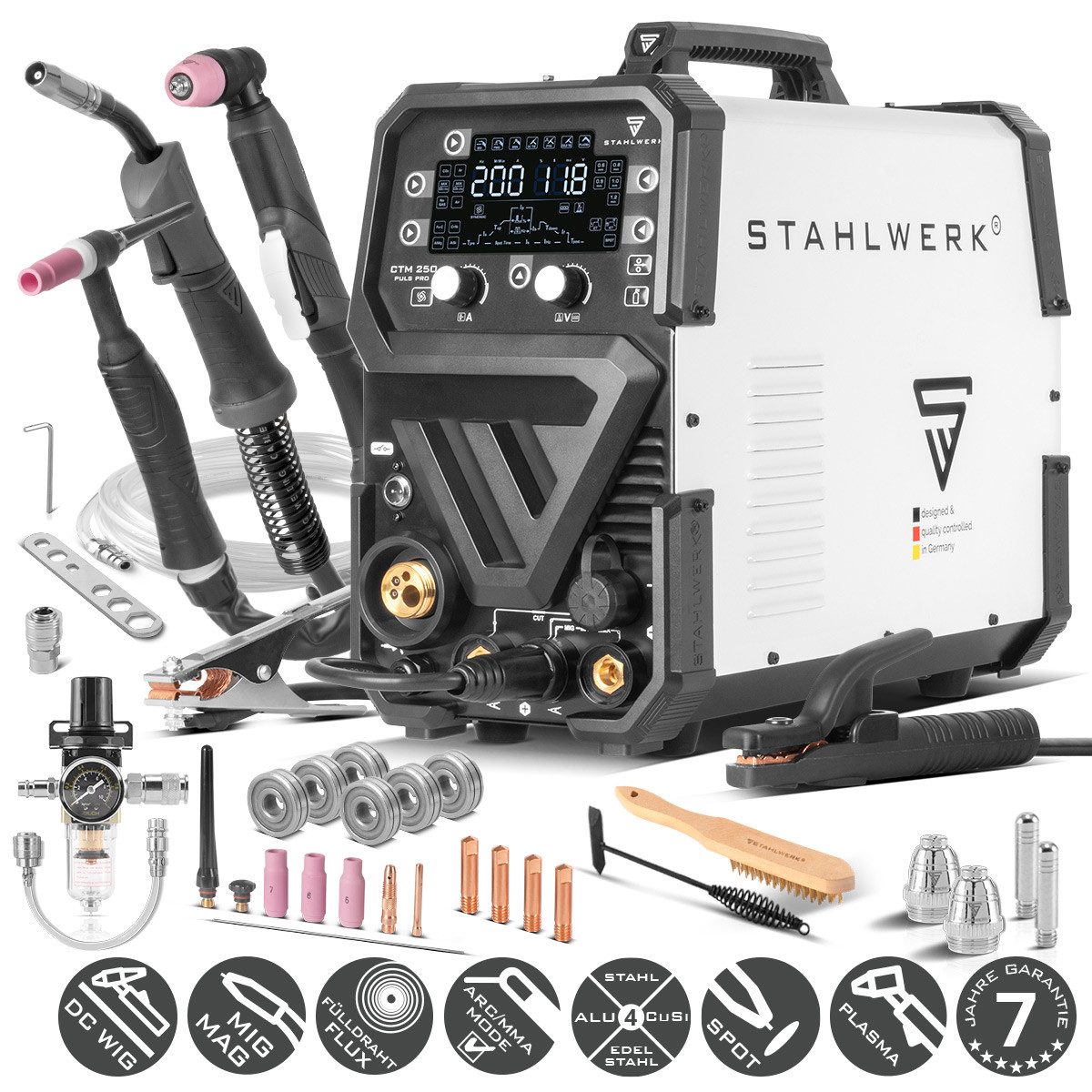 STAHLWERK Inverterschweißgerät 6-in-1 Schweißgerät 200 Ampere mit Plasmaschneider CTM-250 PULS Pro, }