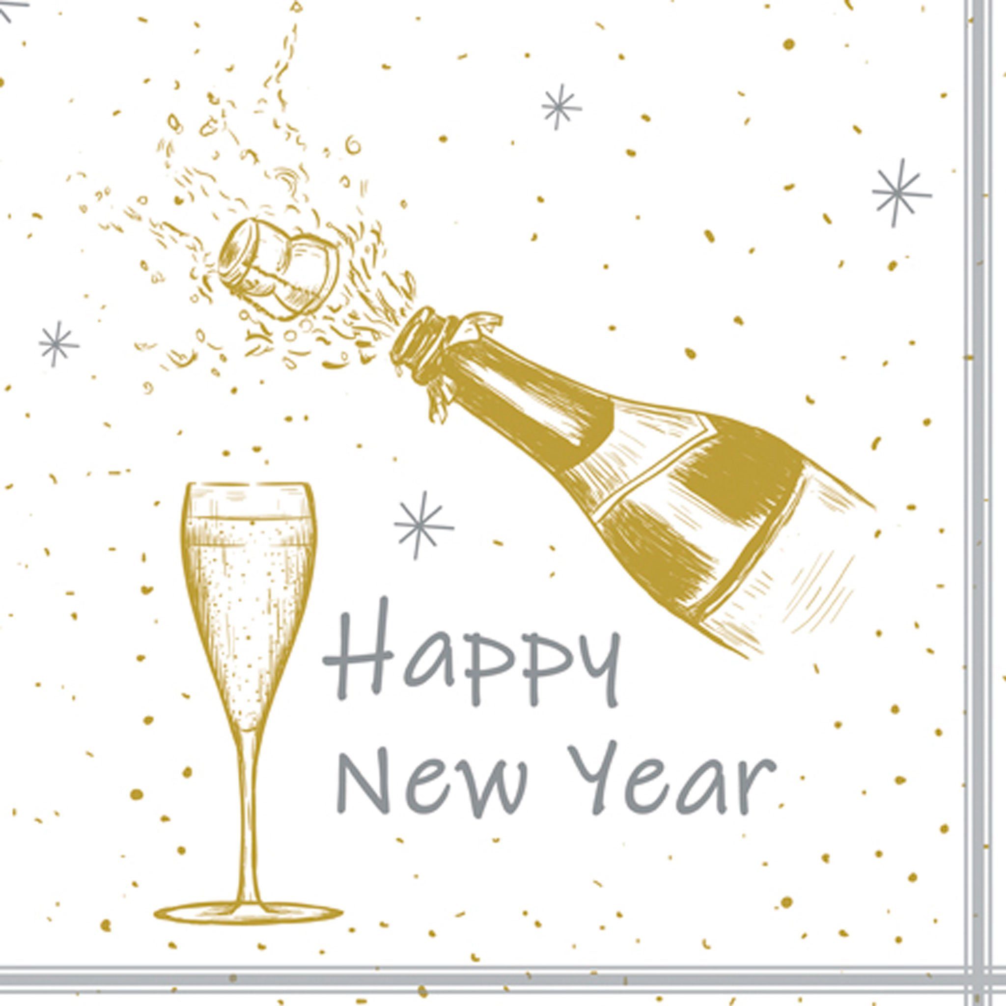 ti-flair Papierserviette, Servietten Papier 33x33cm Happy New Year Schriftzug 20 Stk Weiß / Gold
