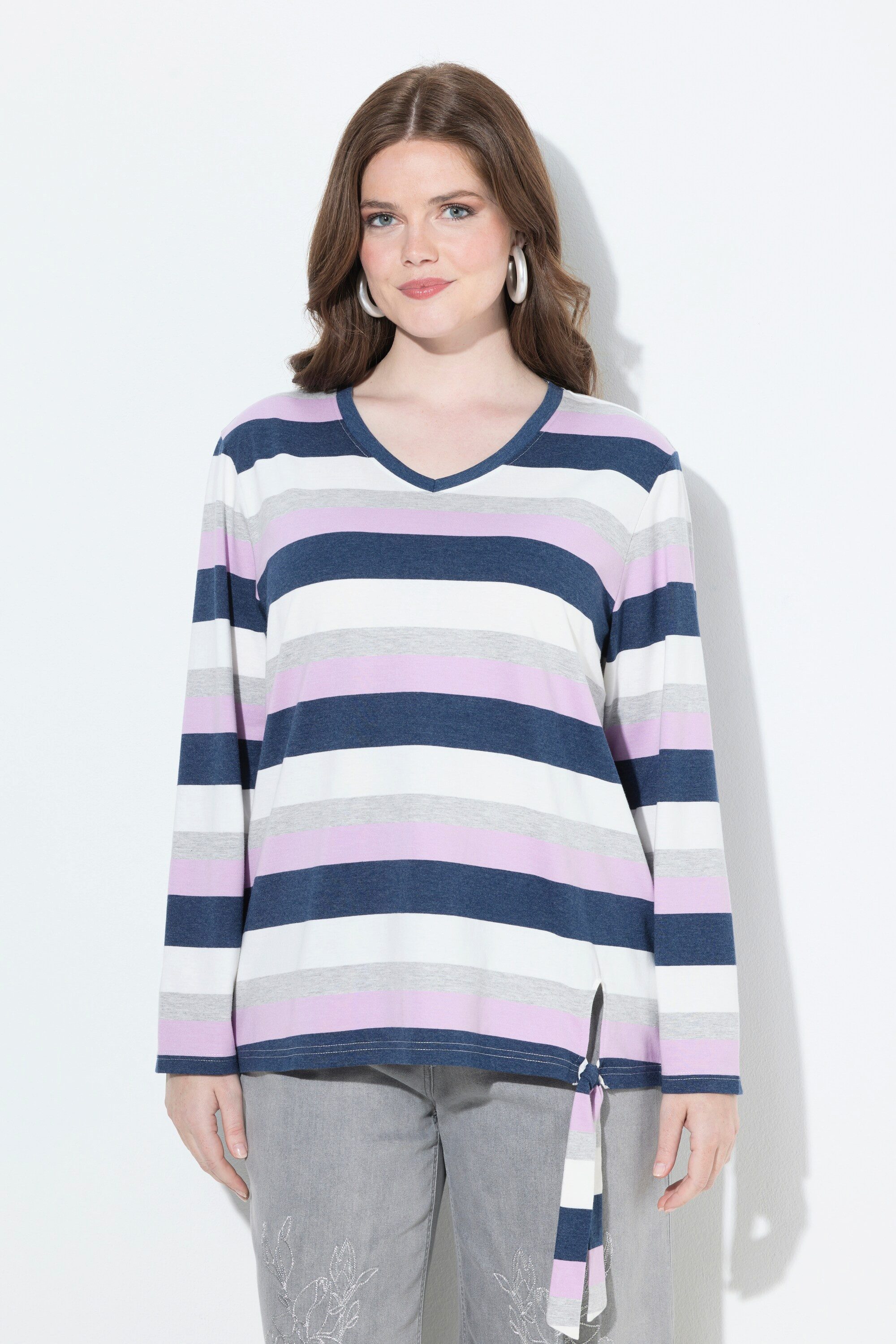 Ulla Popken T-Shirt Ringelshirt Saumknoten V-Ausschnitt günstig online kaufen