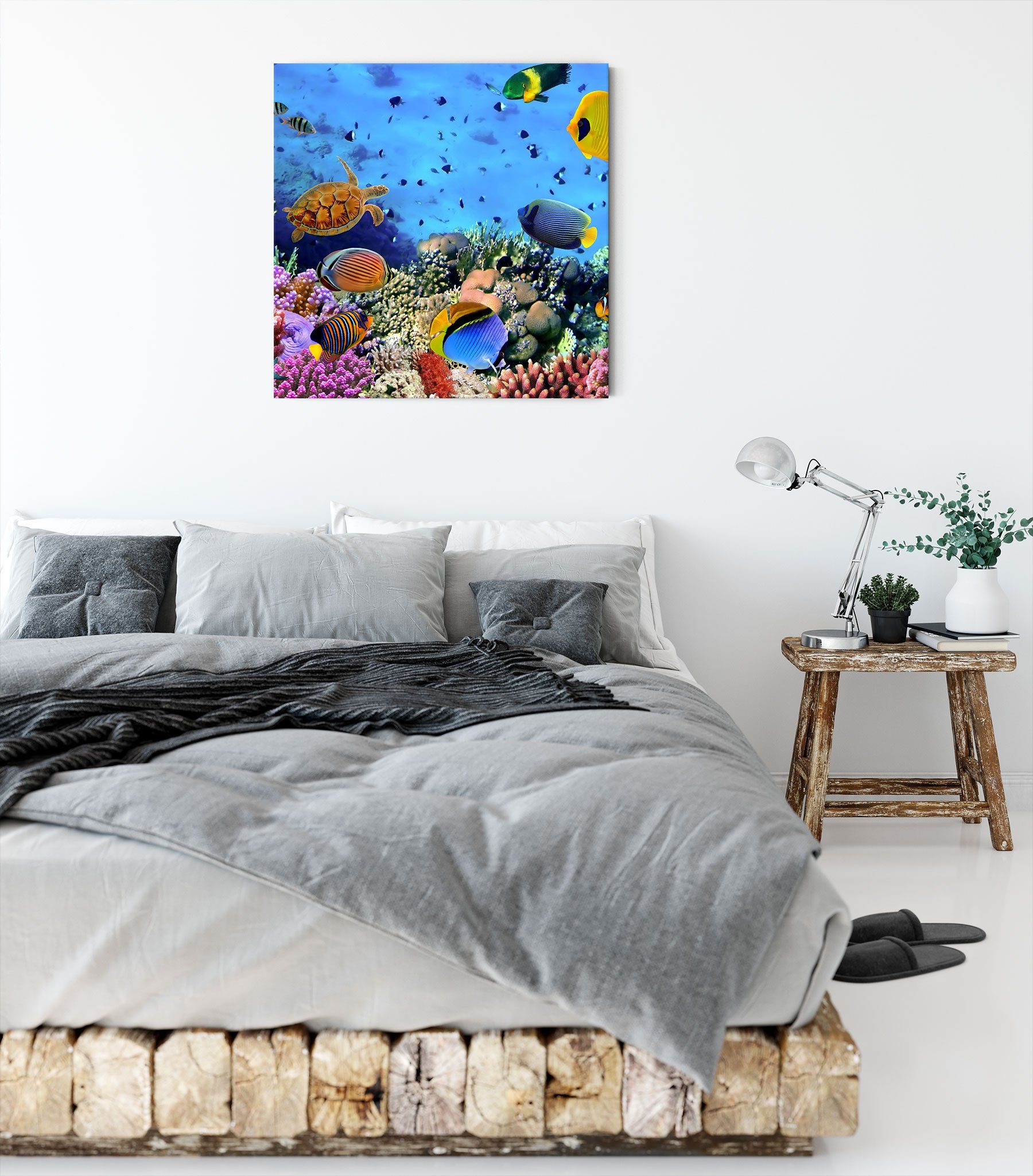 Pixxprint über inkl. bespannt, Korallenriff (1 Zackenaufhänger über Korallenriff, Leinwandbild Fische Fische fertig St), Leinwandbild