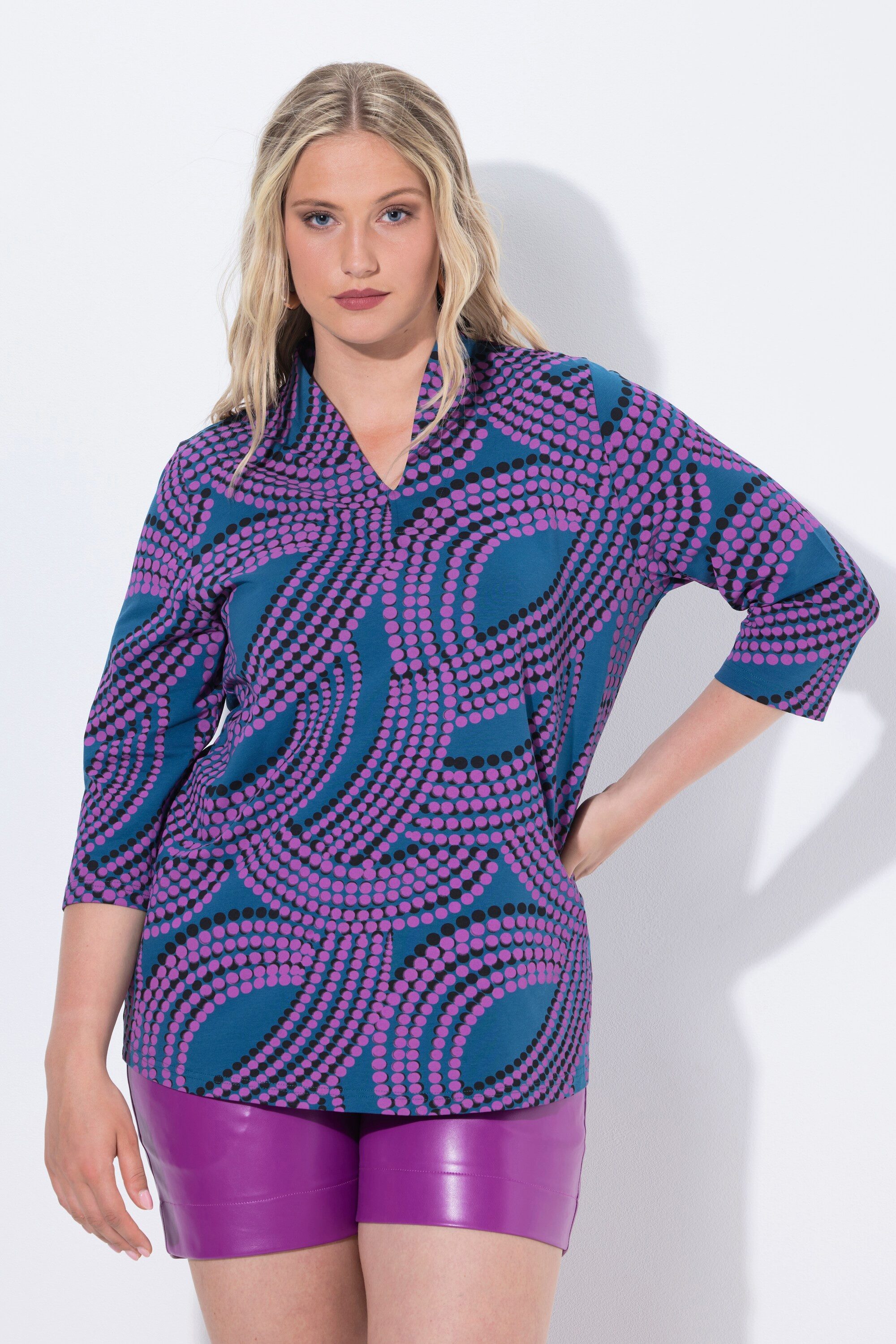Ulla Popken T-Shirt Shirt Punkte Kelchkragen V-Ausschnitt 3/4-Arm günstig online kaufen