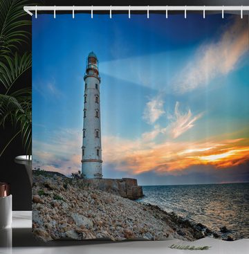 Abakuhaus Duschvorhang Moderner Digitaldruck mit 12 Haken auf Stoff Wasser Resistent Breite 175 cm, Höhe 180 cm, maritim Leuchtturm am Sonnenuntergang Meer