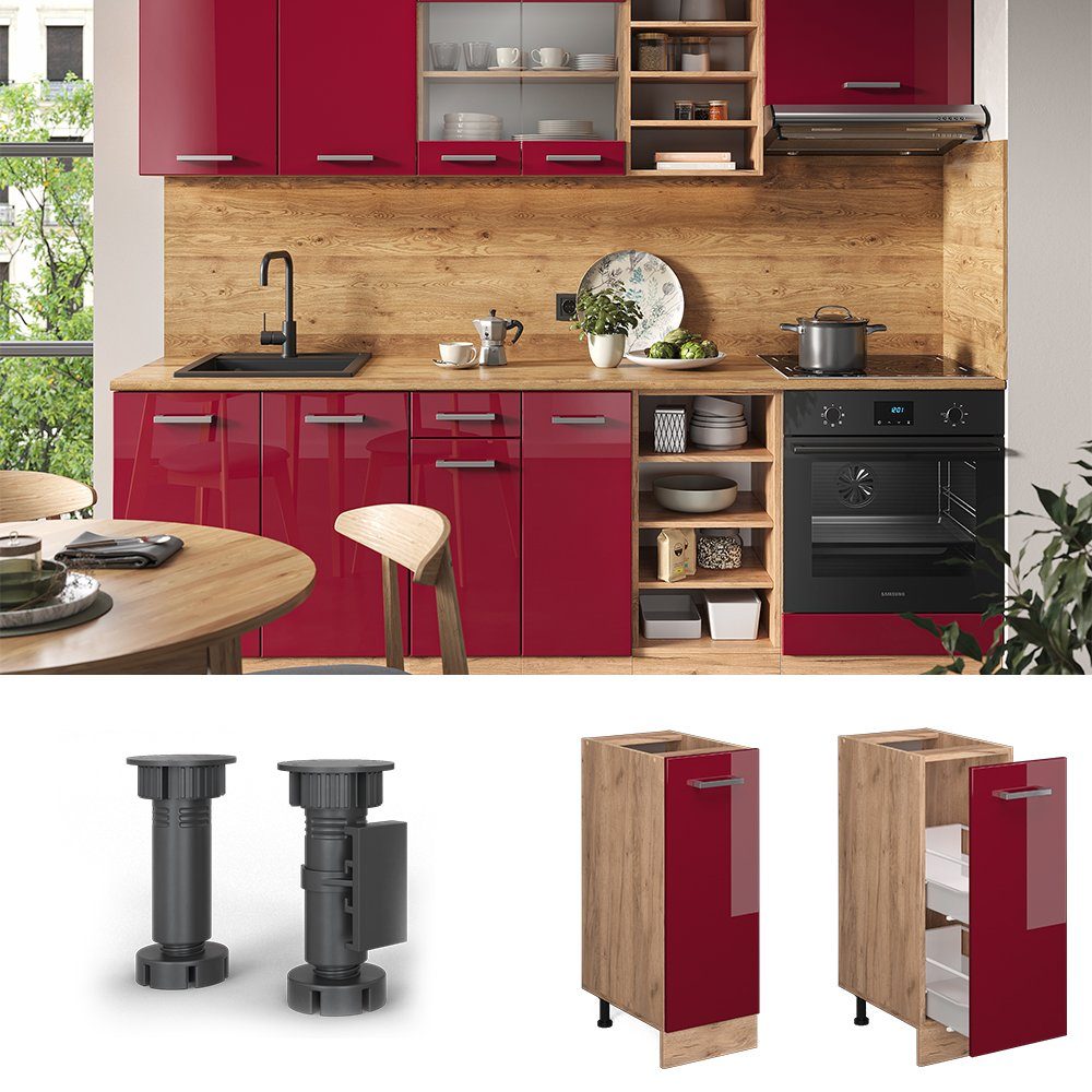 Vicco Apothekerschrank R-Line, Rot Hochglanz/Goldkraft Eiche, 30 cm ohne Arbeitsplatte (1-St)