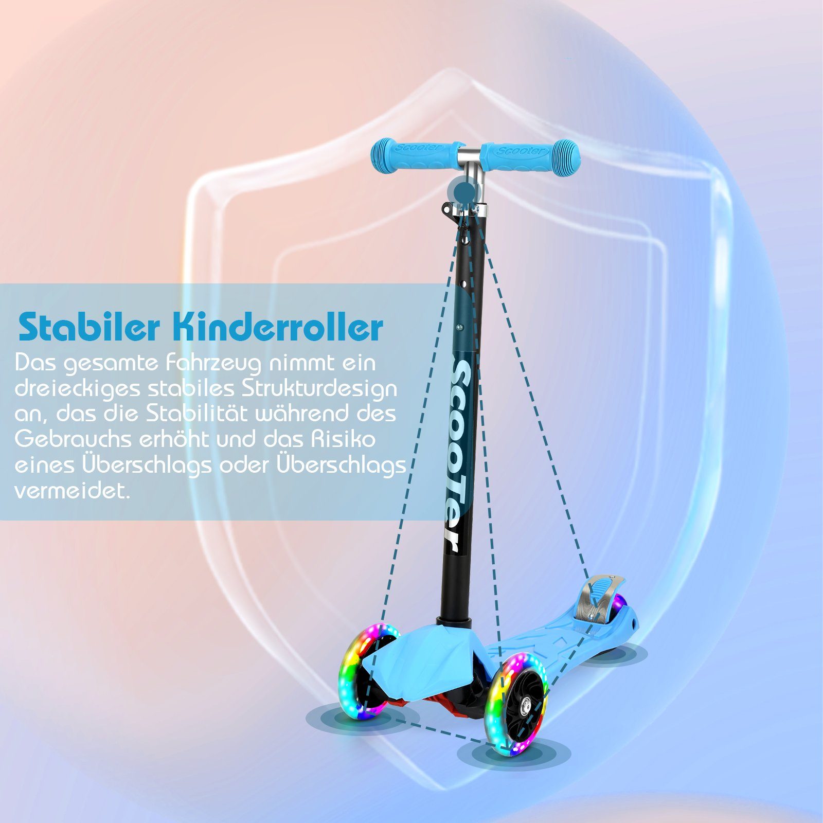 LED-Räder Tretroller Scooter Blau Lospitch Höhenverstellbar kg 50 bis Kinderroller