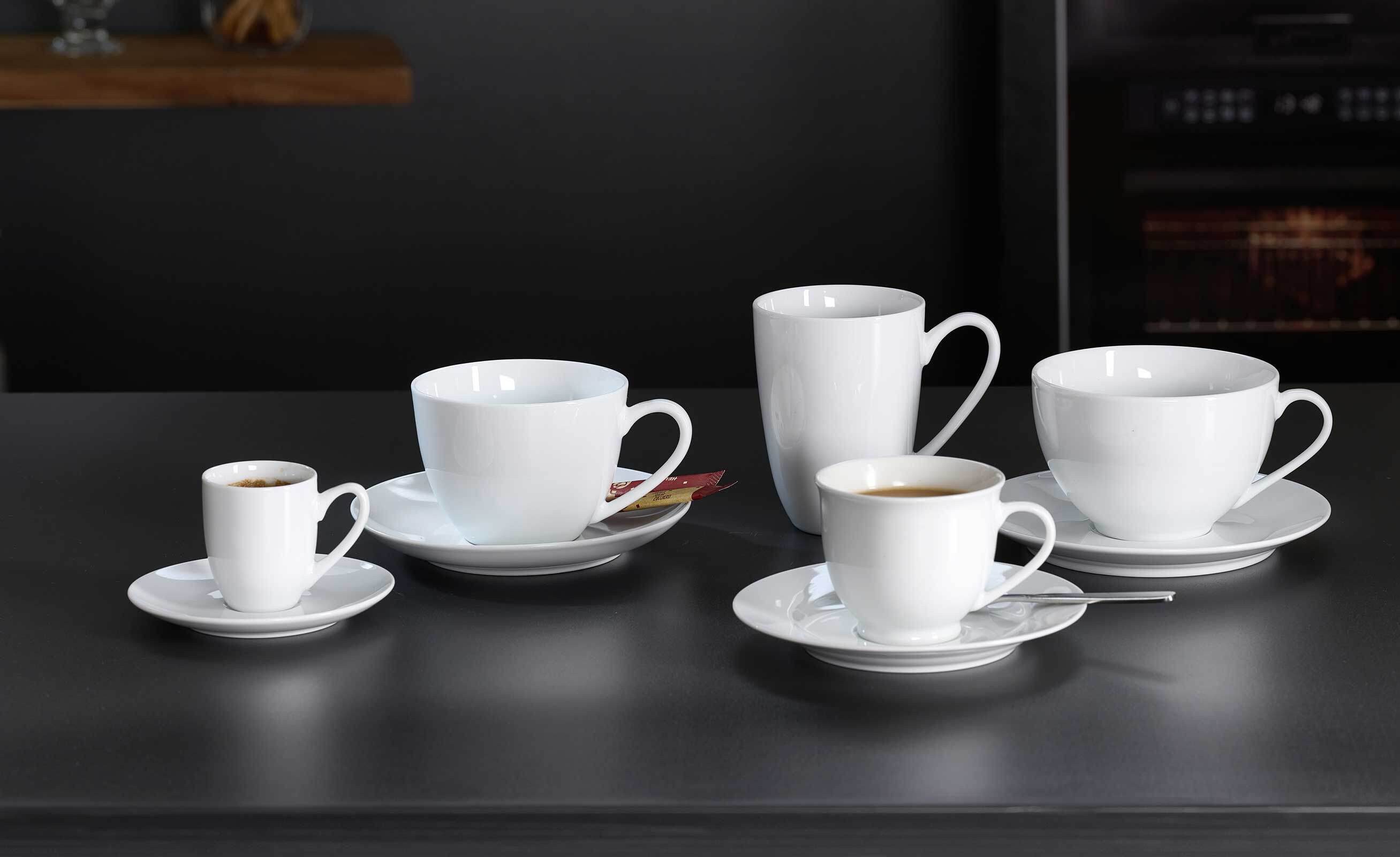 Ritzenhoff & Breker Tasse Bianco Rondo Kaffeetassen mit Untertassen 180 ml, 6-tlg., Porzellan