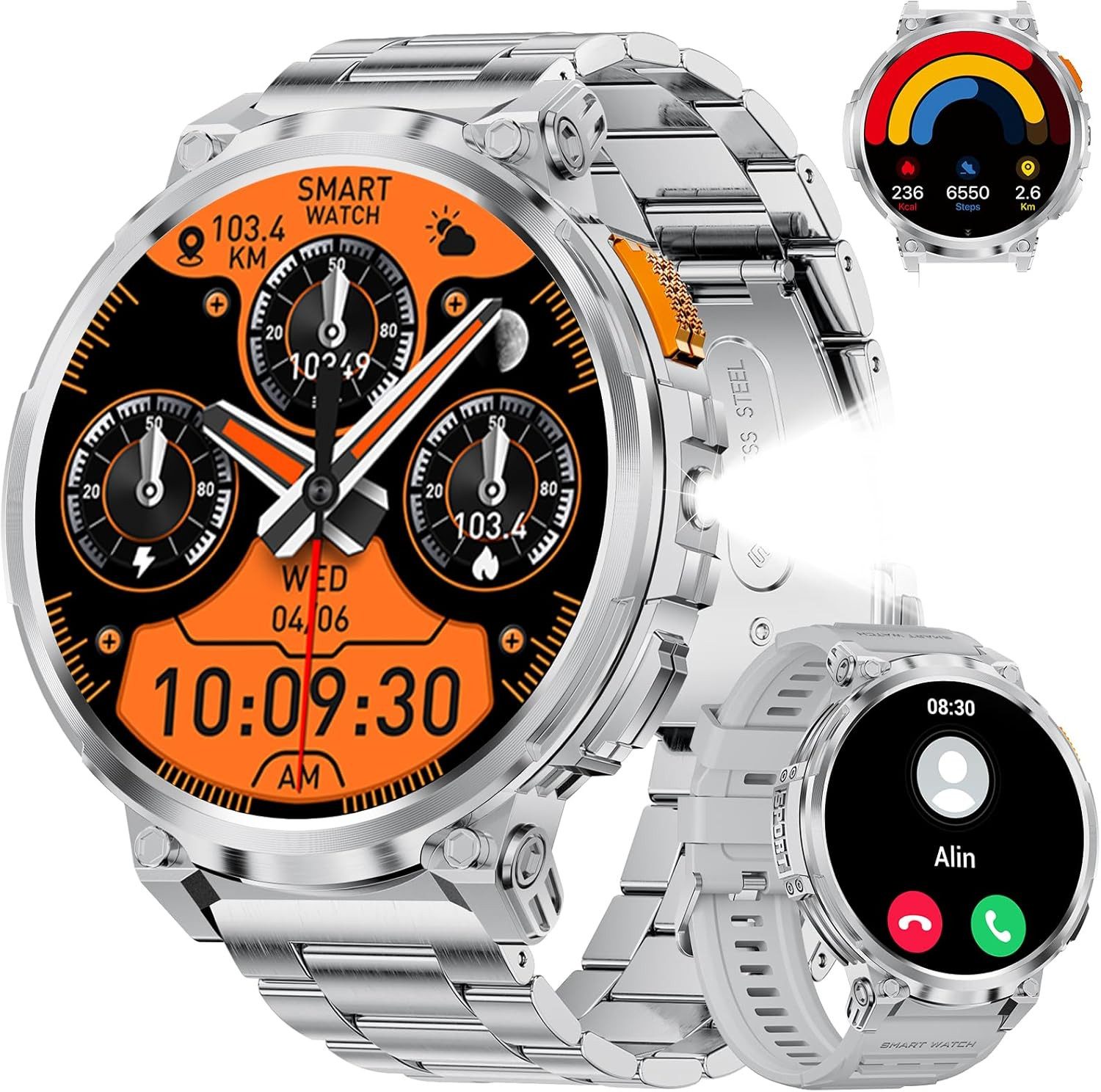 BENYAR Smartwatch voor heren met bluetooth-oproep, 1,43 inch AMOLED smartwatch voor heren met slaap/hartslag/GPS/barometer/kompas voor Android iOS, 70 sportmodi, waterdicht, IP68, 500 mAh, batterij