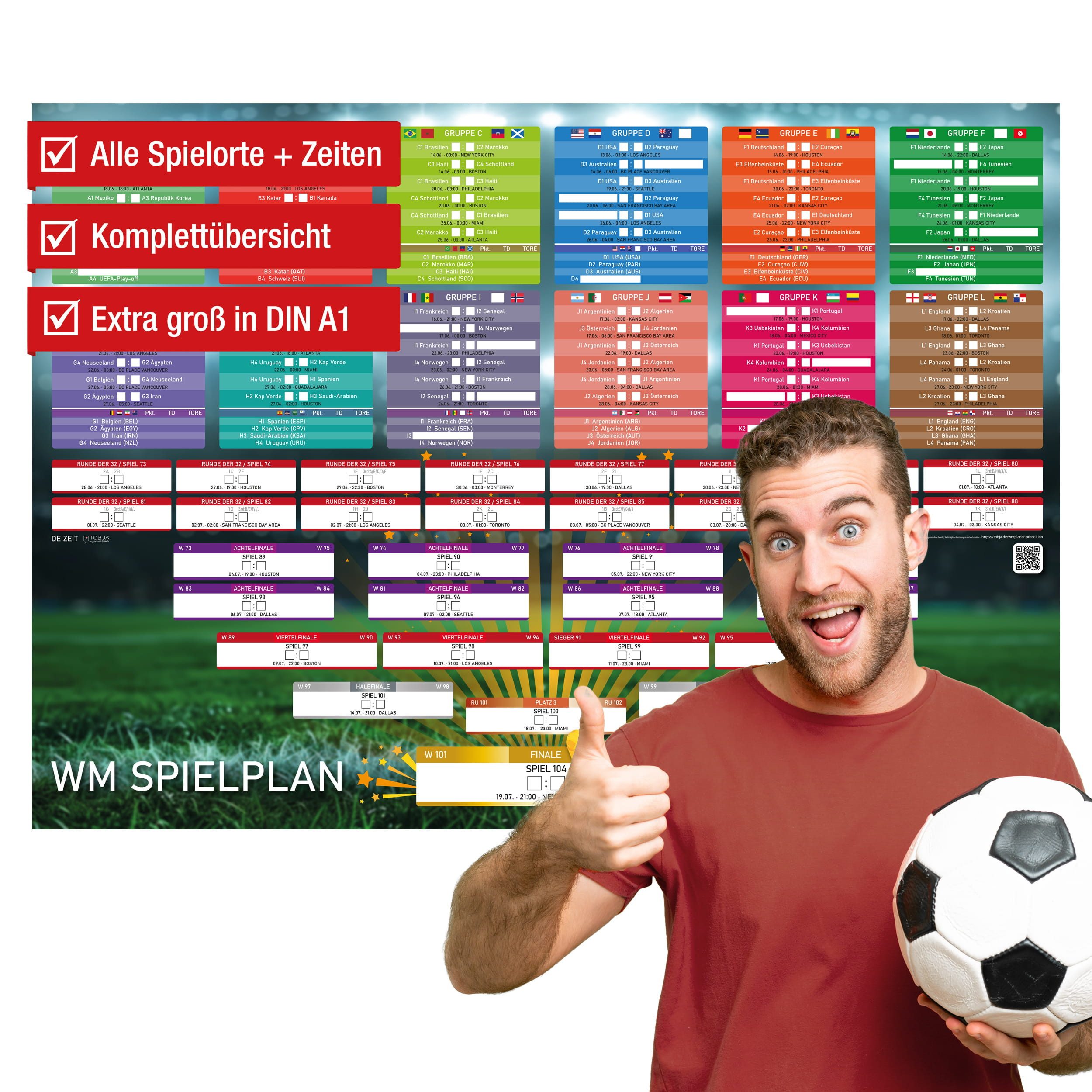 TOBJA Posterkalender WM 2026 Spielplan DIN A1 Poster zum Eintragen, Fußball WM, XXL Planer Fussball Weltmeisterschaft 2026