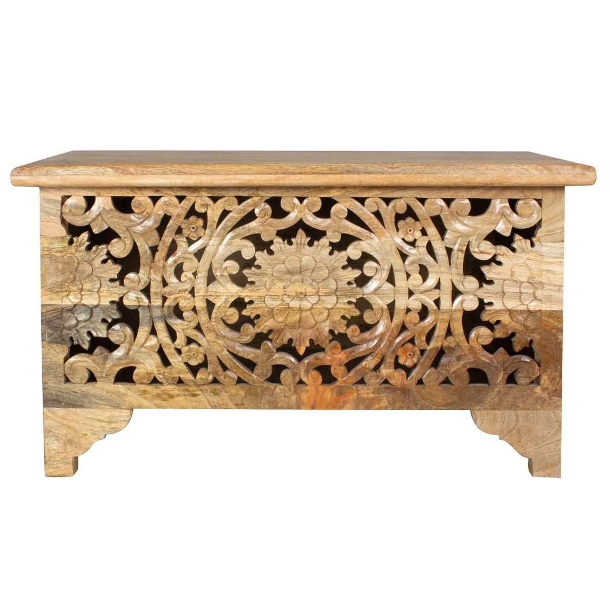 Oriental Galerie Truhe Indische Truhe Schnitzerei natur 80 cm, Holztruhe, Truhentisch Wohnzimmer, Hellbraun