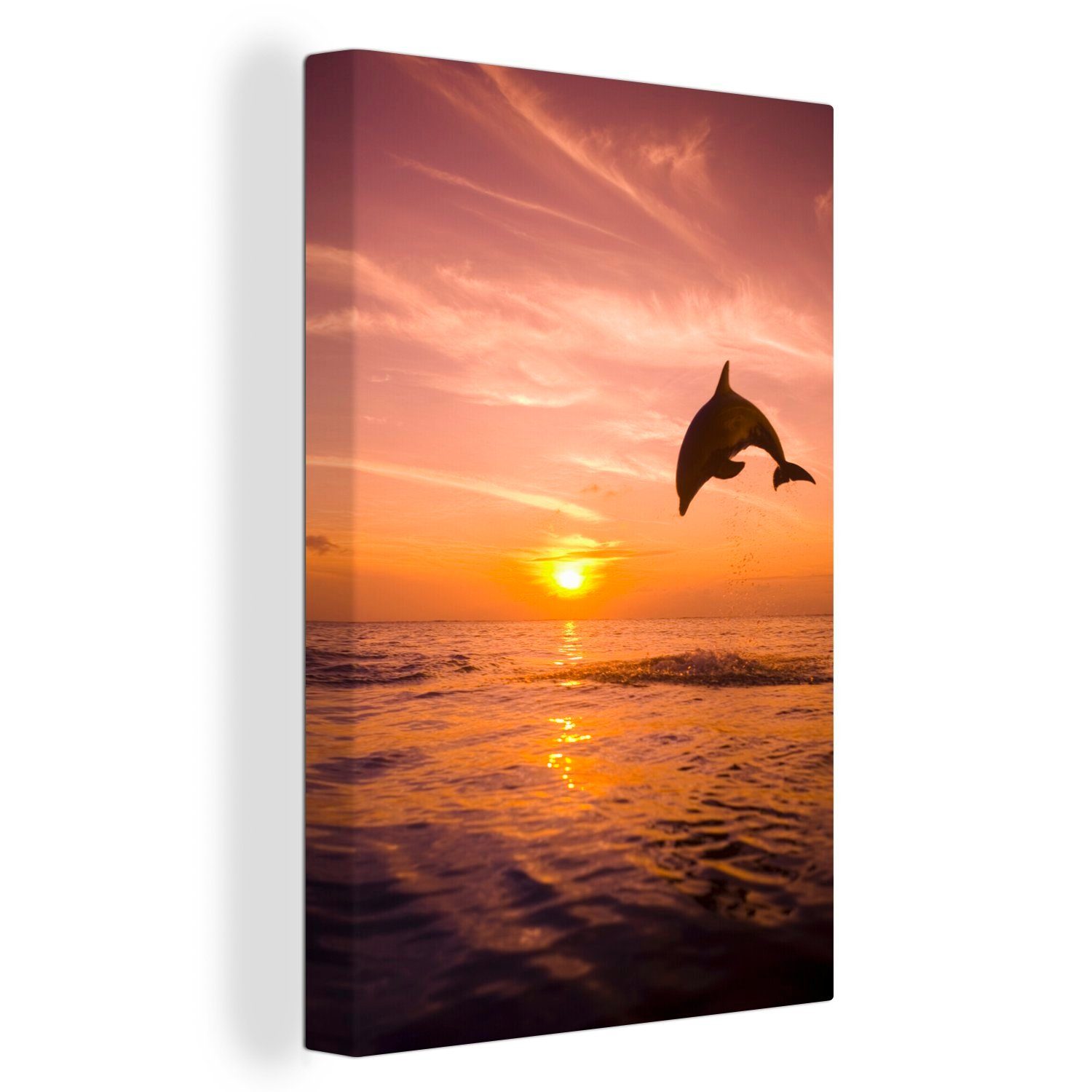 OneMillionCanvasses® Leinwandbild Delfin - Wasser - Sonnenuntergang, (1 St), Leinwandbild fertig bespannt inkl. Zackenaufhänger, Gemälde, 20x30 cm | Leinwandbilder