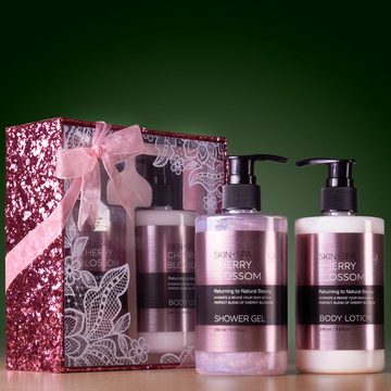 BRUBAKER Hautreinigungs-Set Frauen Bade- und Dusch Set, 2-tlg., kleines Geschenkset in Glitzer Geschenkbox, Damen Pflegeset mit Kirschblüten Duft, Badeset Beauty