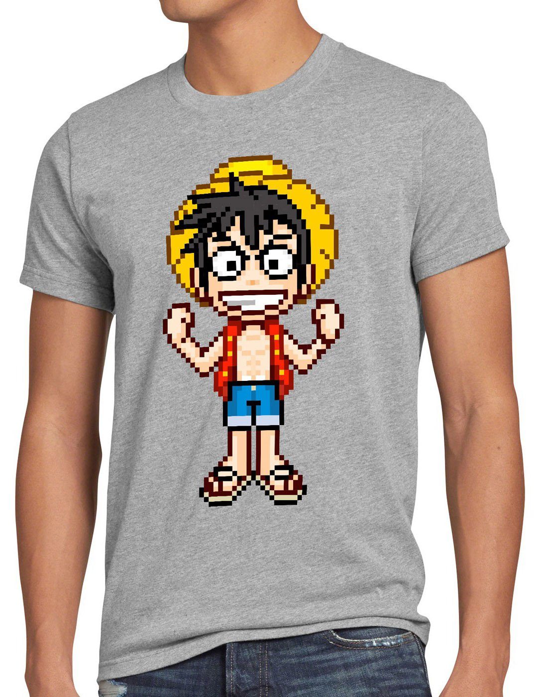 style3 Print-Shirt Herren T-Shirt Pixel Luffy piece strohhut pirat one sanji anime manga ruffy neu grau meliert