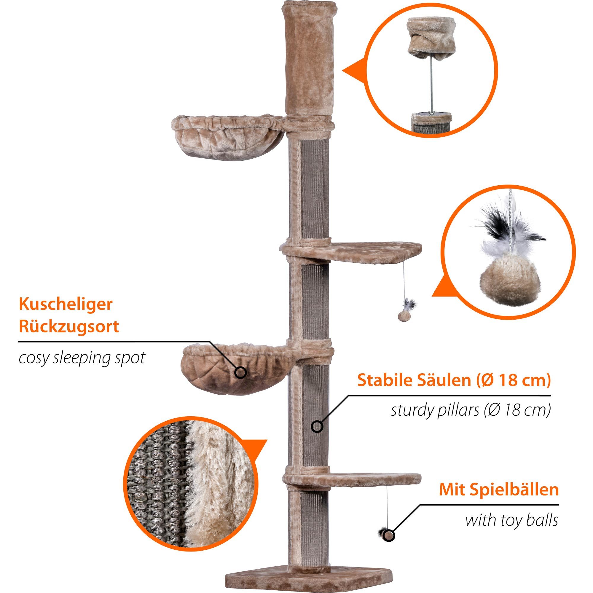 dobar Tierhaus Kratzbaum "Biggy" aus Holz, Maße 100x100x227 cm - Cappuccino