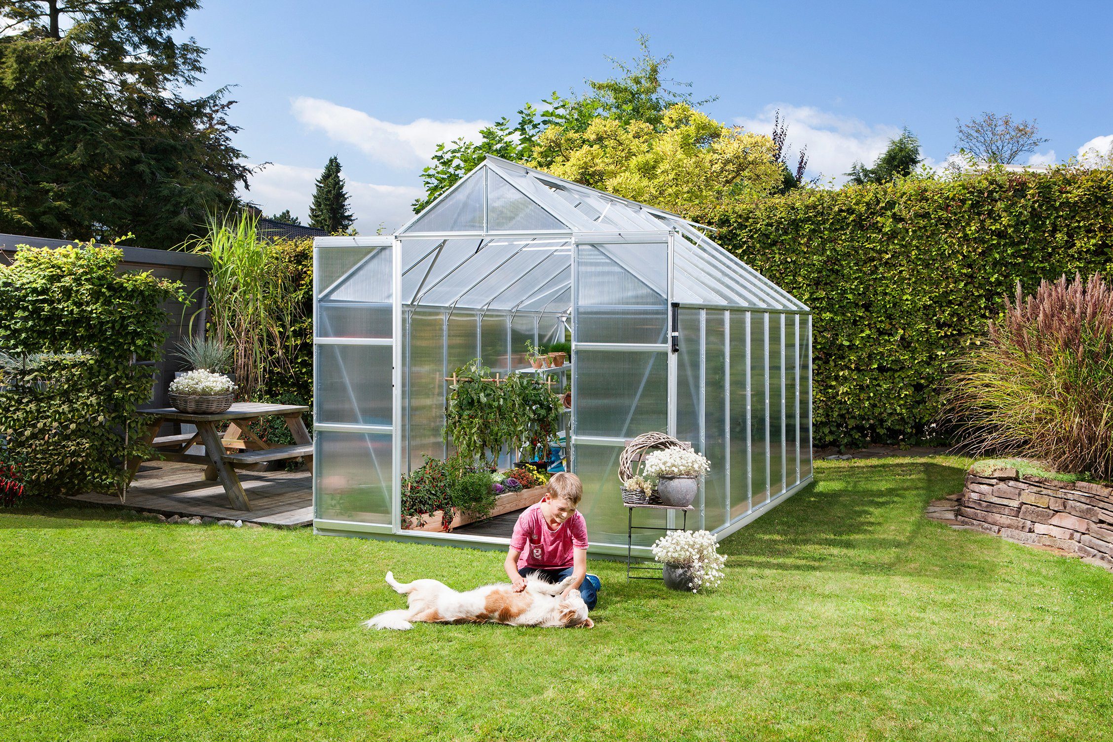 KONIFERA Gewächshaus Titania 11500, BxTxH: 254 x 441 x 246 cm, 4 mm Wandstärke, Set, mit 4-tlg. Zubehör