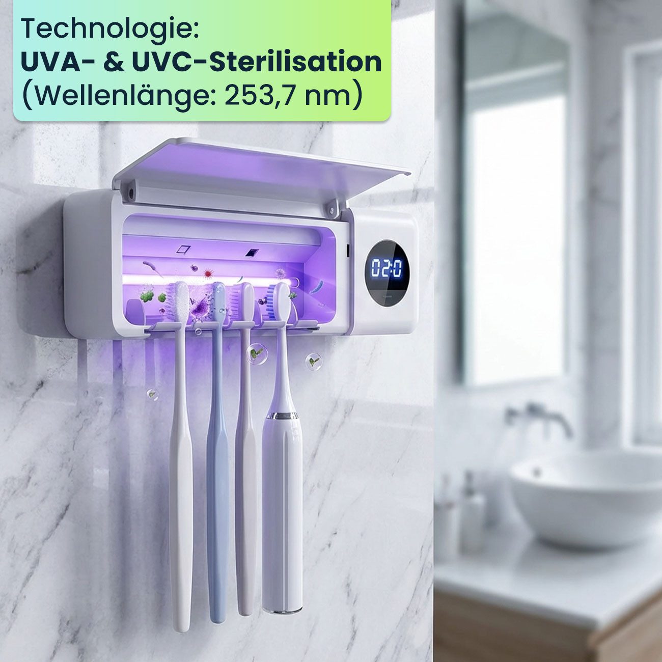 shop'n smile ideoon UV-Zahnbürstenhalter UV Zahnbürstenhalter Sterilisator mit Akku LCD-Display & Trocknung, 1-tlg., 1er-Set & 2er-Set, 2 UV-LEDs/4 Steckplätze/ – Bild 5 von 5