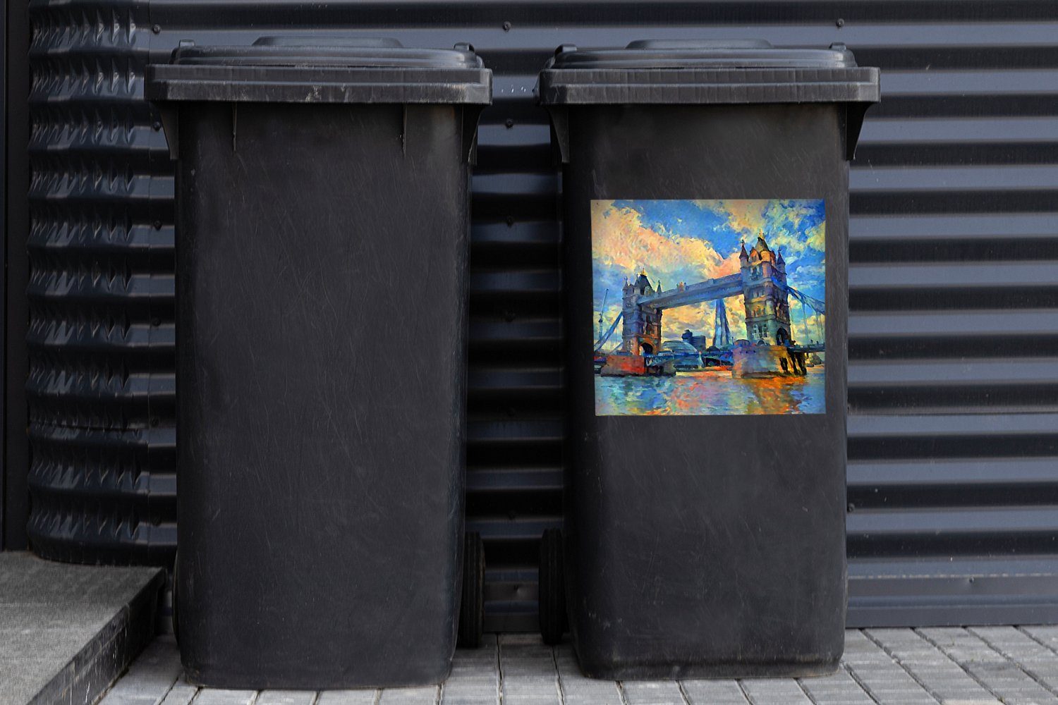 MuchoWow Wandsticker Gemälde - - London Brücke - Mülltonne, (1 Abfalbehälter Sticker, Container, St), Öl Mülleimer-aufkleber