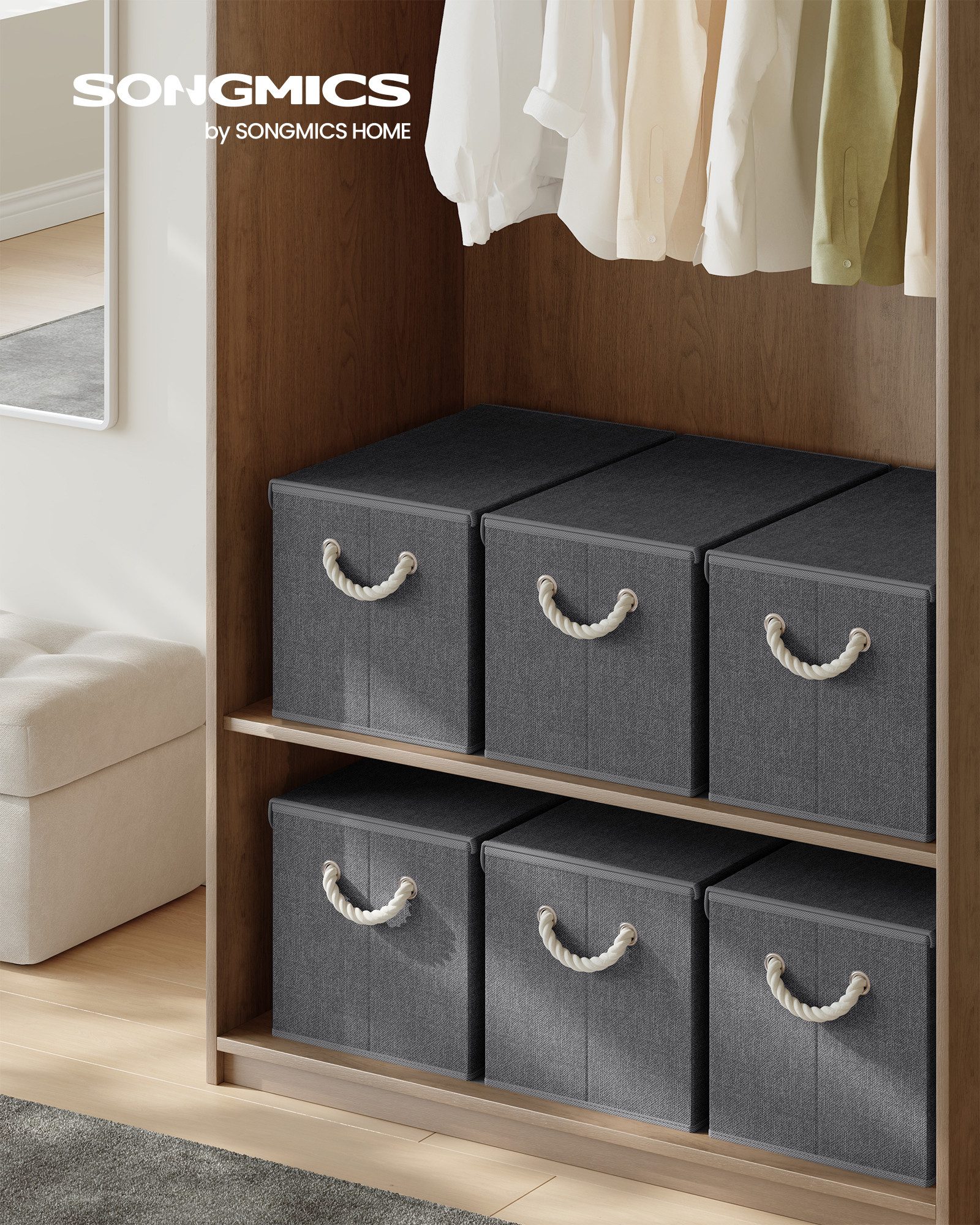 SONGMICS Aufbewahrungsbox 3er Set Stoffboxen klappbar, 50 x 30 x 30 cm, für Schlafzimmer, Wohnzimmer, mit Deckel, Griffe – Bild 2 von 5