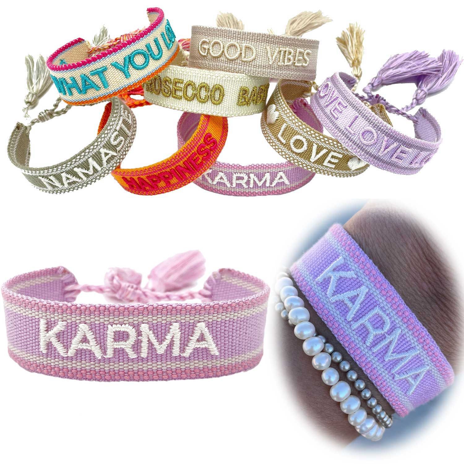 LS-LebenStil Armband Canvas Statement Armband Karma Lila Flieder Quasten bestickt (Baumwollarmband Webarmband Armbandliebe Freundschaftsarmband Freundschaftsband Partnerarmband, 1-tlg., textil geflochten gewebt - hochwertiger gestickter Spruch), perfekt a