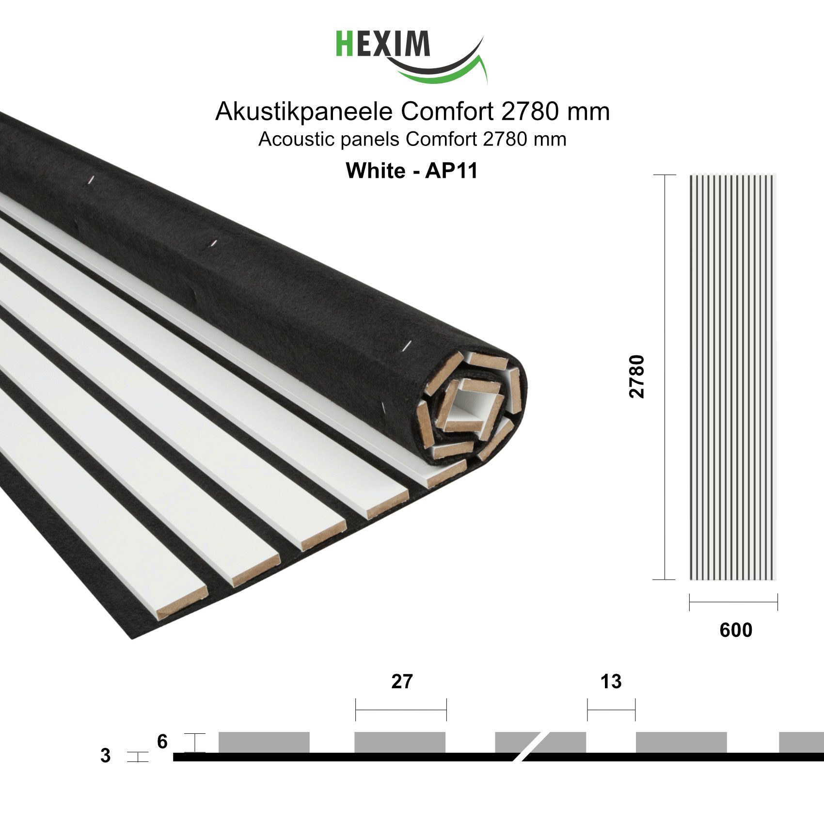 Hexim Wanddekoobjekt AP11 (Akustikpaneele 278x60cm Holz Comfort - flexible Holzpaneele Platten Lamellenwand MDF Wandpaneele Lamellenverkleidung Wandverkleidung schalldämmend 1.67m² White)