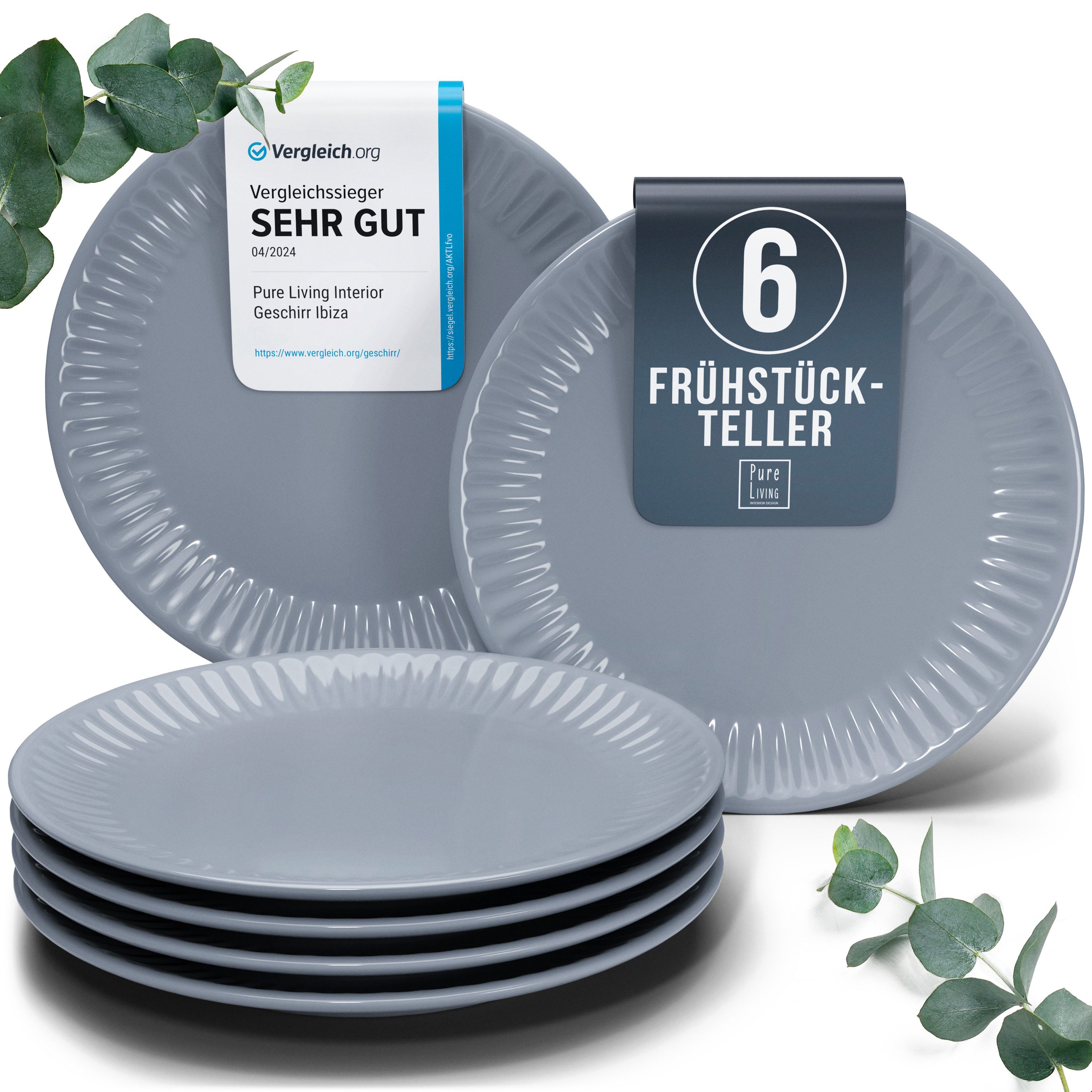 PURE LIVING INTERIOR DESIGN Geschirr-Set Hygge Dessertteller, Frühstückteller, 6er-Set, 20 cm, Graublau (6-tlg), 6 Personen, Steingut