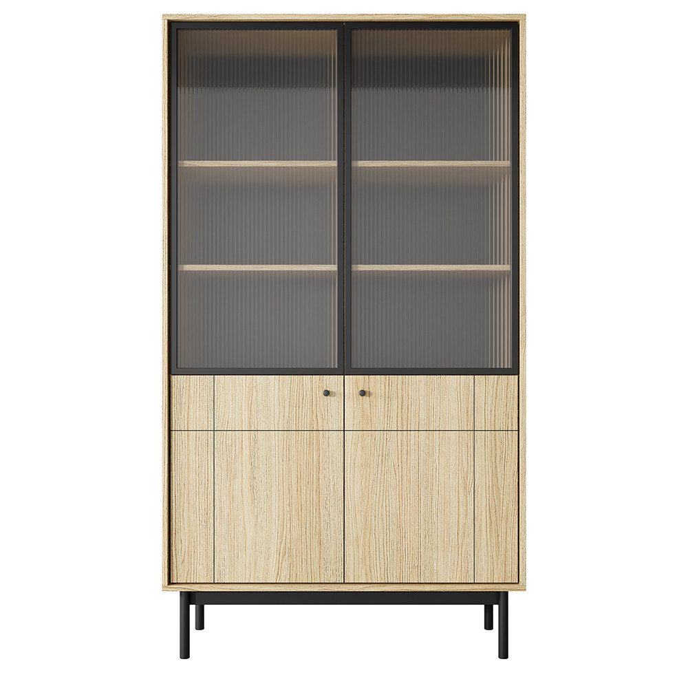 Lomadox Vitrine JANTAR-160 in Eiche, schwarzen Holzfüßen, gefräste Front, 103,5 cm breit