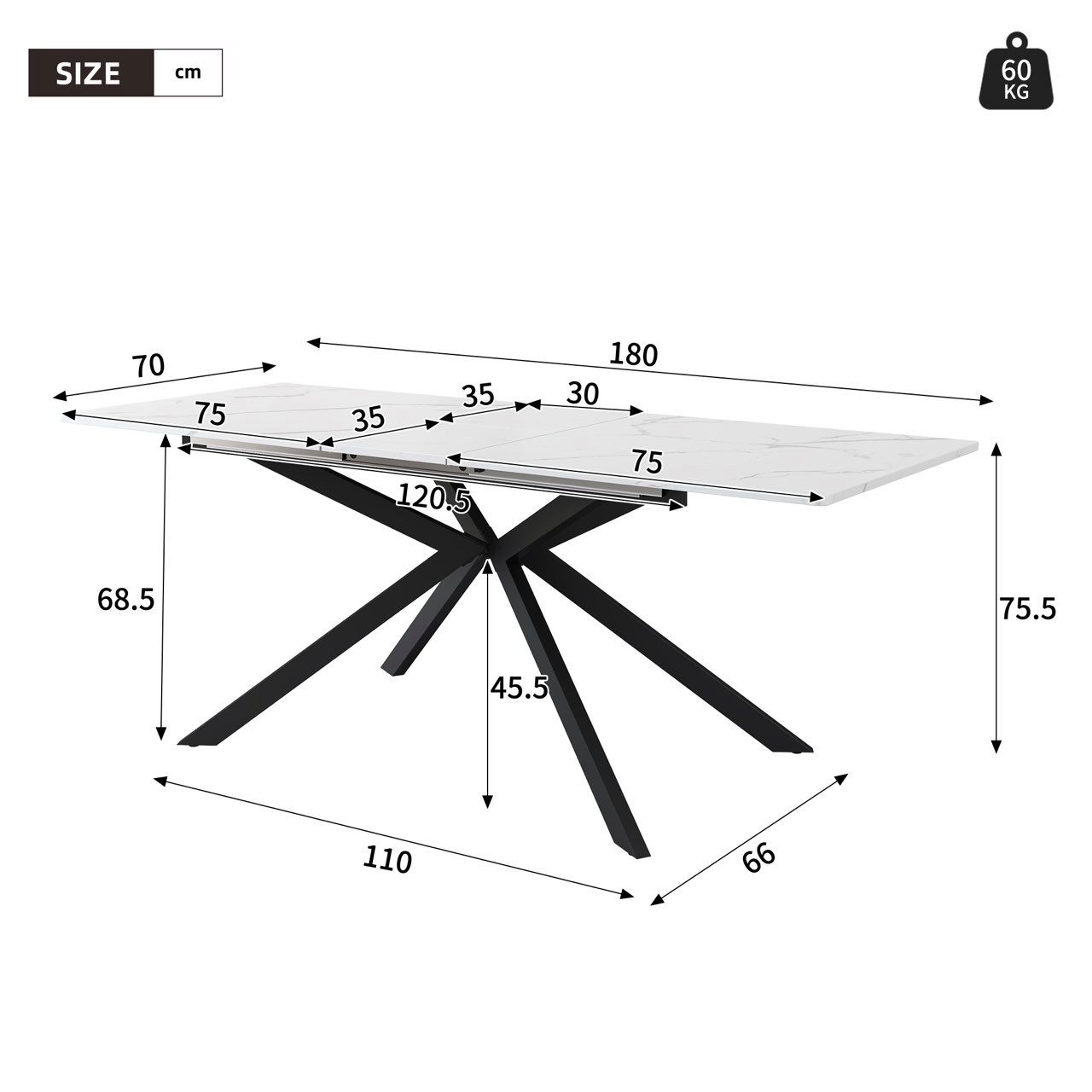 KLAM HOME Esstisch Erweiterbarer Esstisch Mit Automatischem Auszug Und Marmorstruktur (Modernes Kreuzbein Design In Schwarz Und Weiß Für Küche Und Wohnzimmer), Praktischer Multifunktionstisch Als Esstisch Und Couchtisch Nutzbar